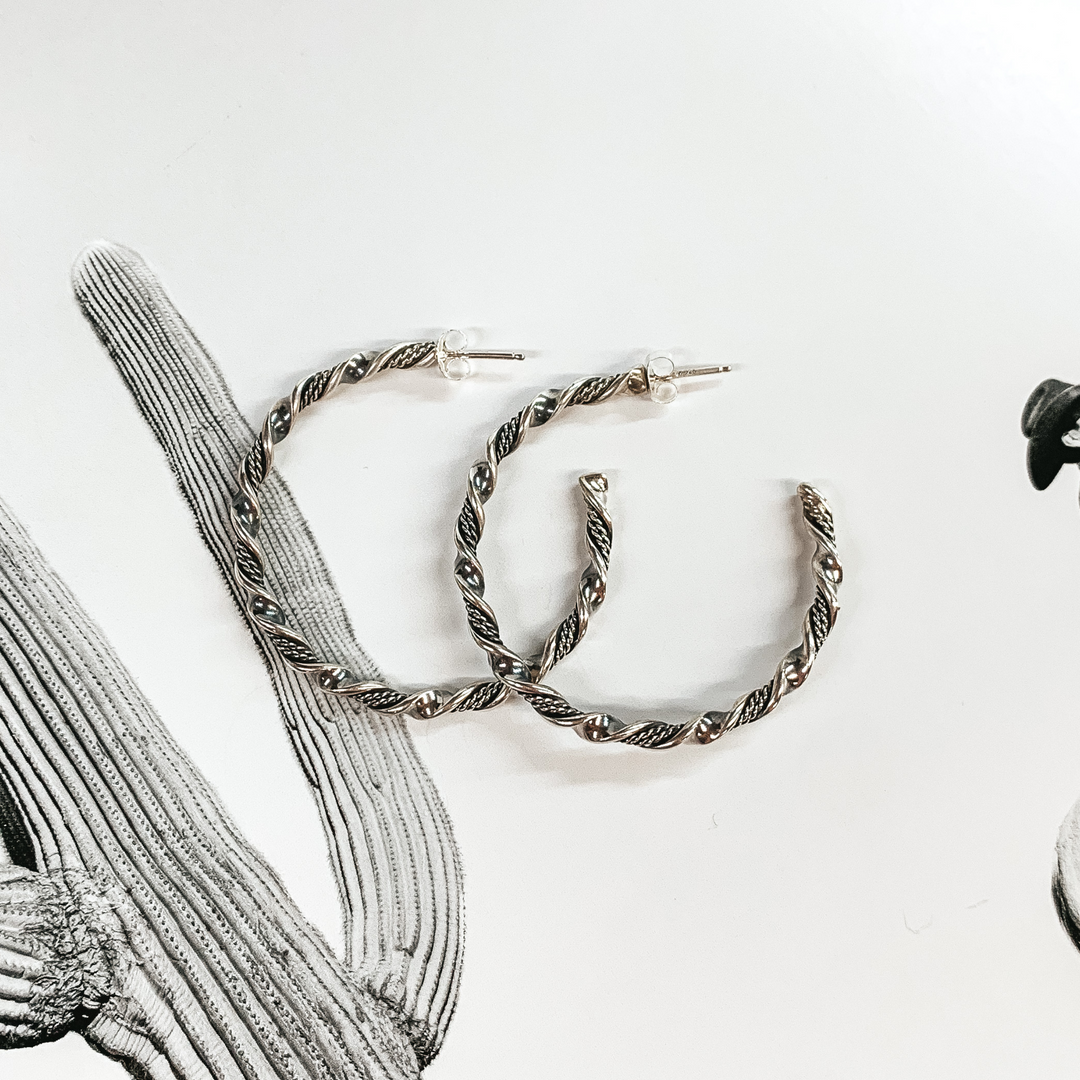 Navajo | Navajo Handmade Sterling Silver Twist Hoop Earrings - Giddy Up Glamour Boutique