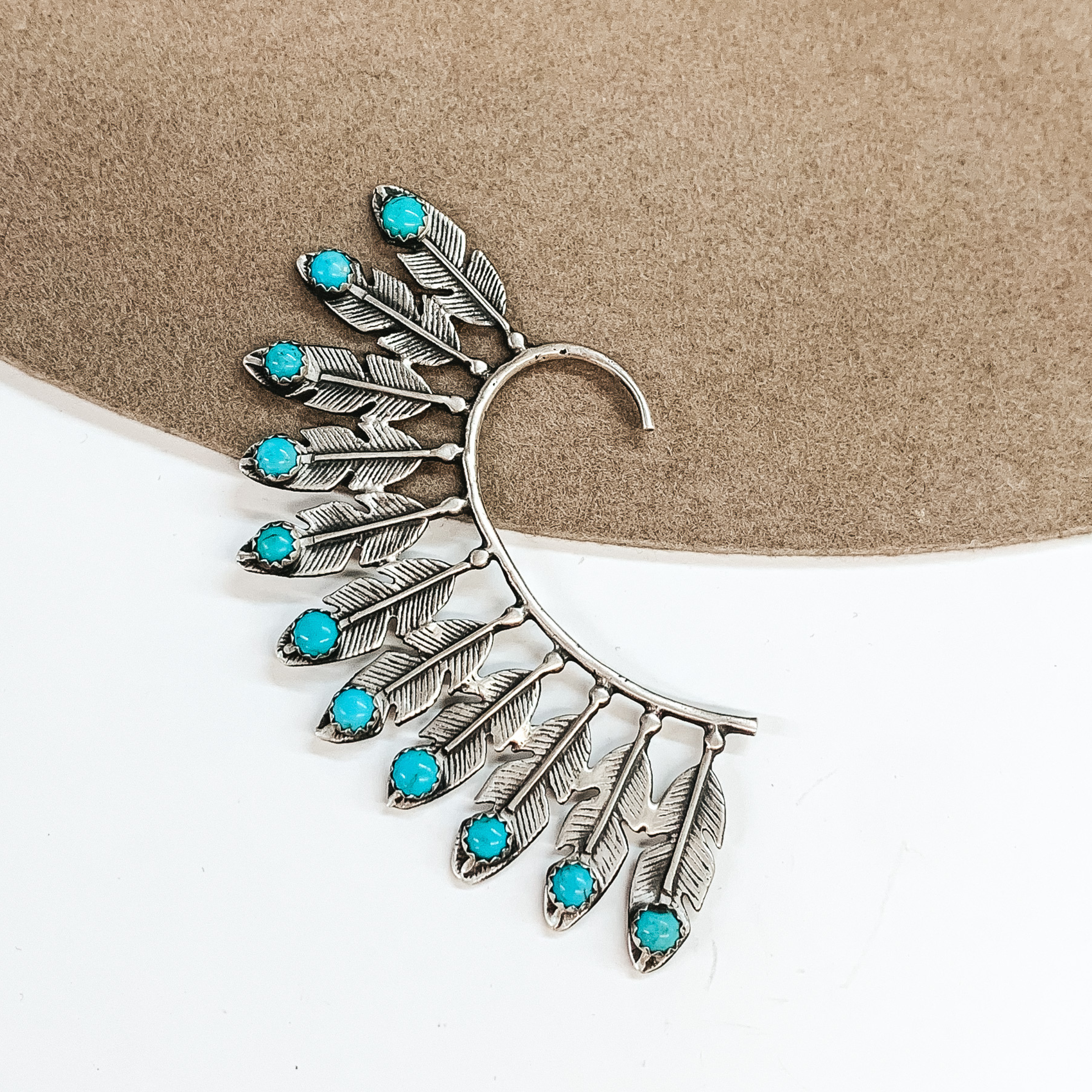 Navajo | Navajo Handmade Sterling Silver 11 Feather Right Ear Cuff with Turquoise Stones - Giddy Up Glamour Boutique