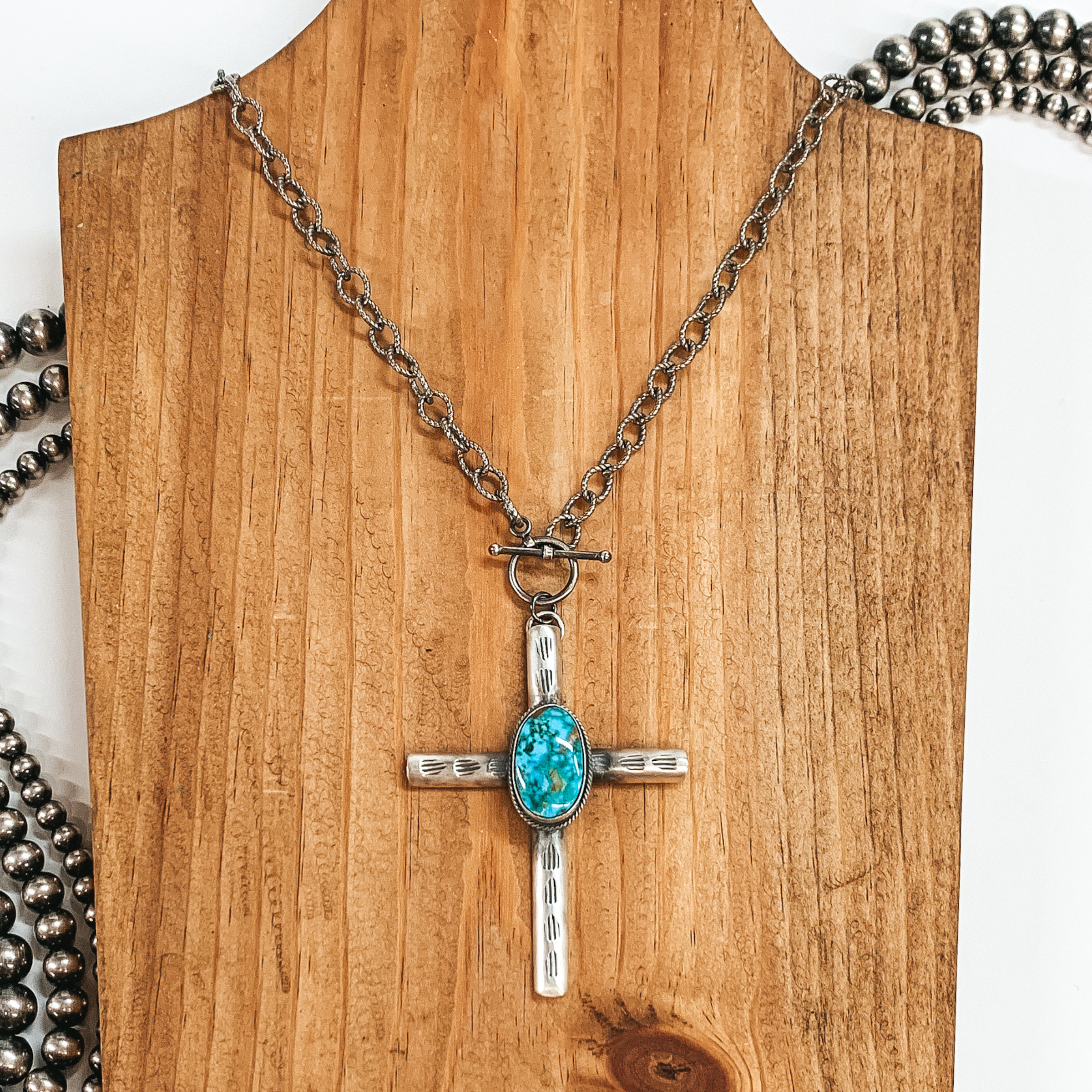 BS | Navajo Handmade Sterling Silver Chain Necklace and Cross Pendant with Turquoise Stone and Toggle Clasp - Giddy Up Glamour Boutique