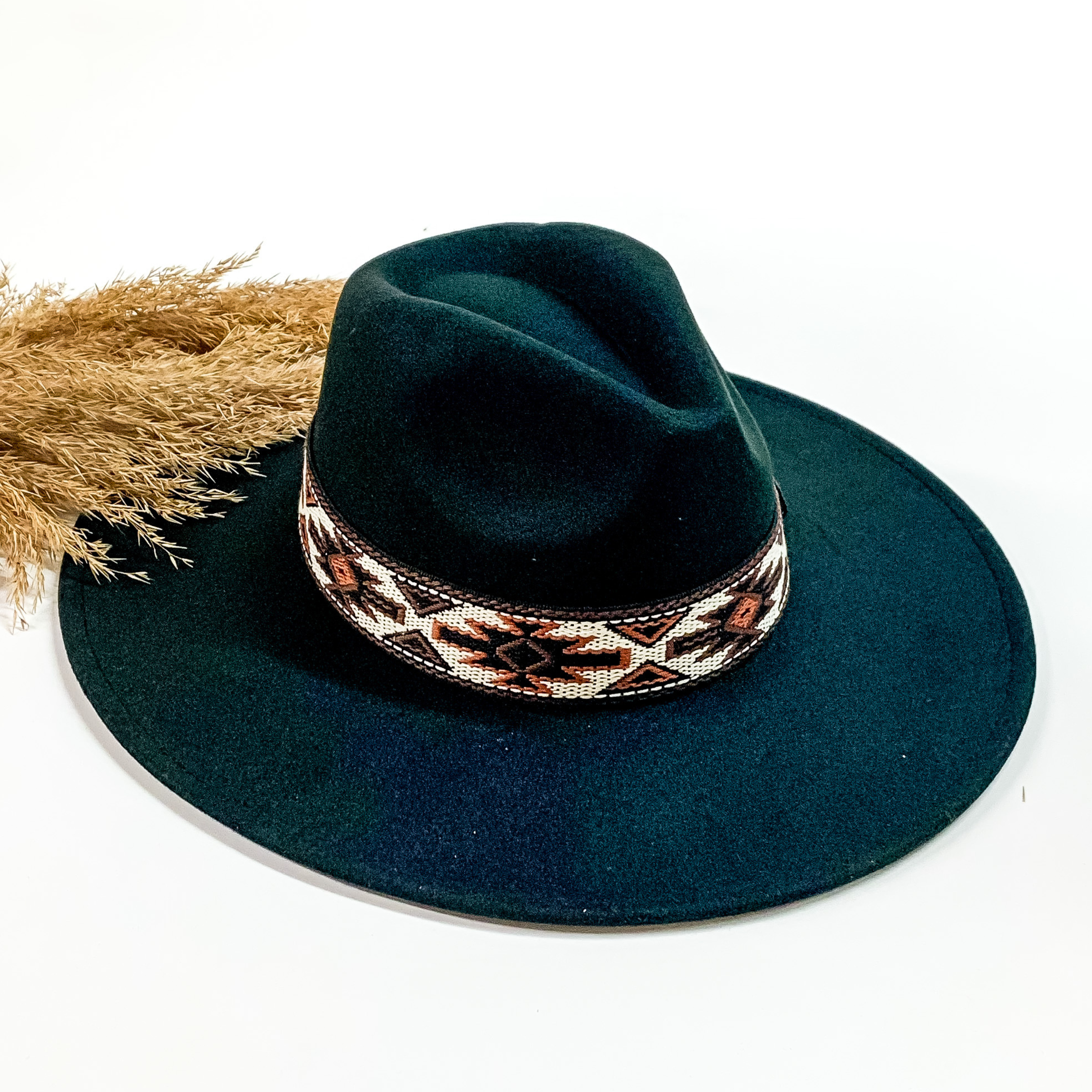 Late Night Talks Rancher Faux Felt Hat with Aztec Print Embroidered Hat Band in Black - Giddy Up Glamour Boutique