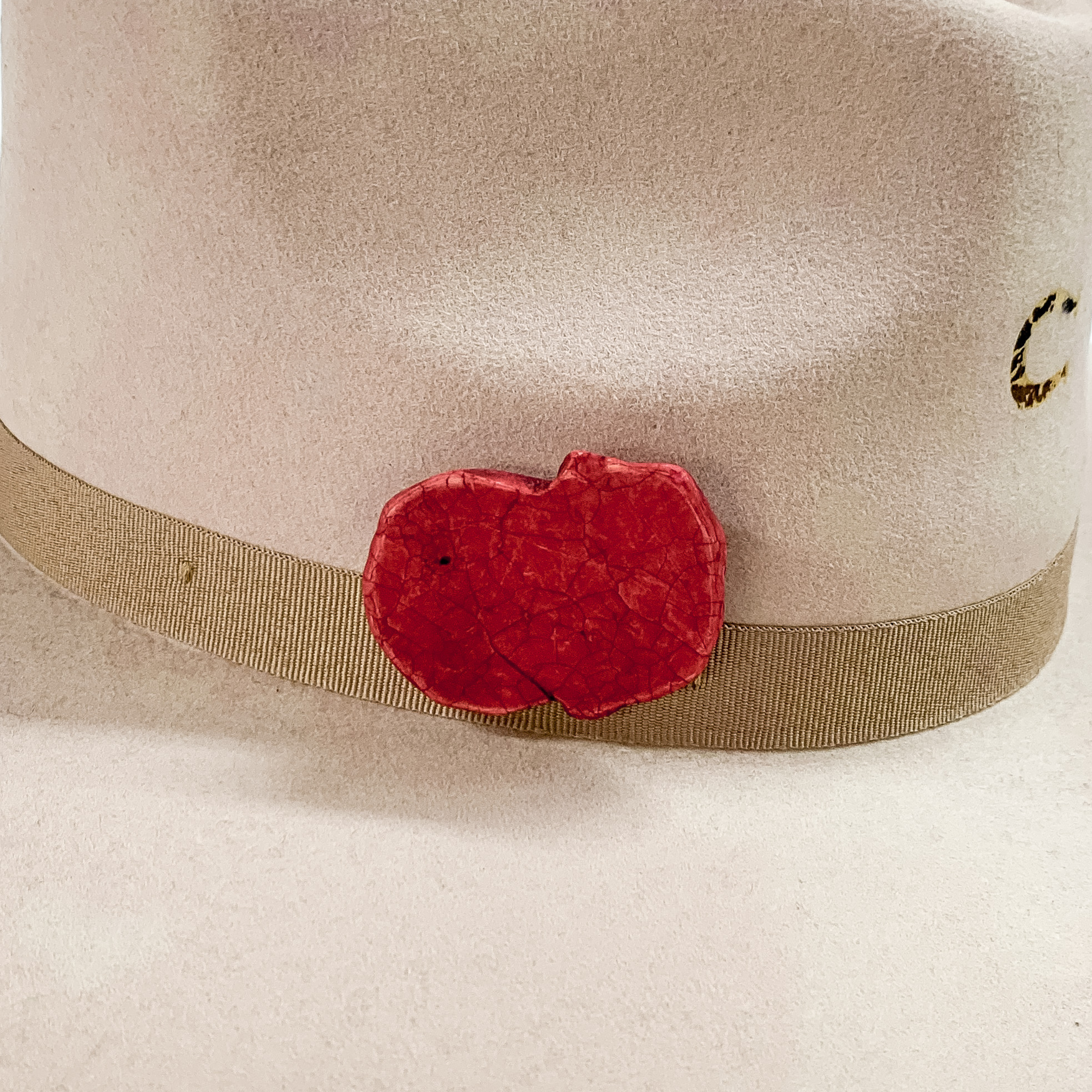 Red stone with an irregular shape hat pin pictured on a beige colored hat. 