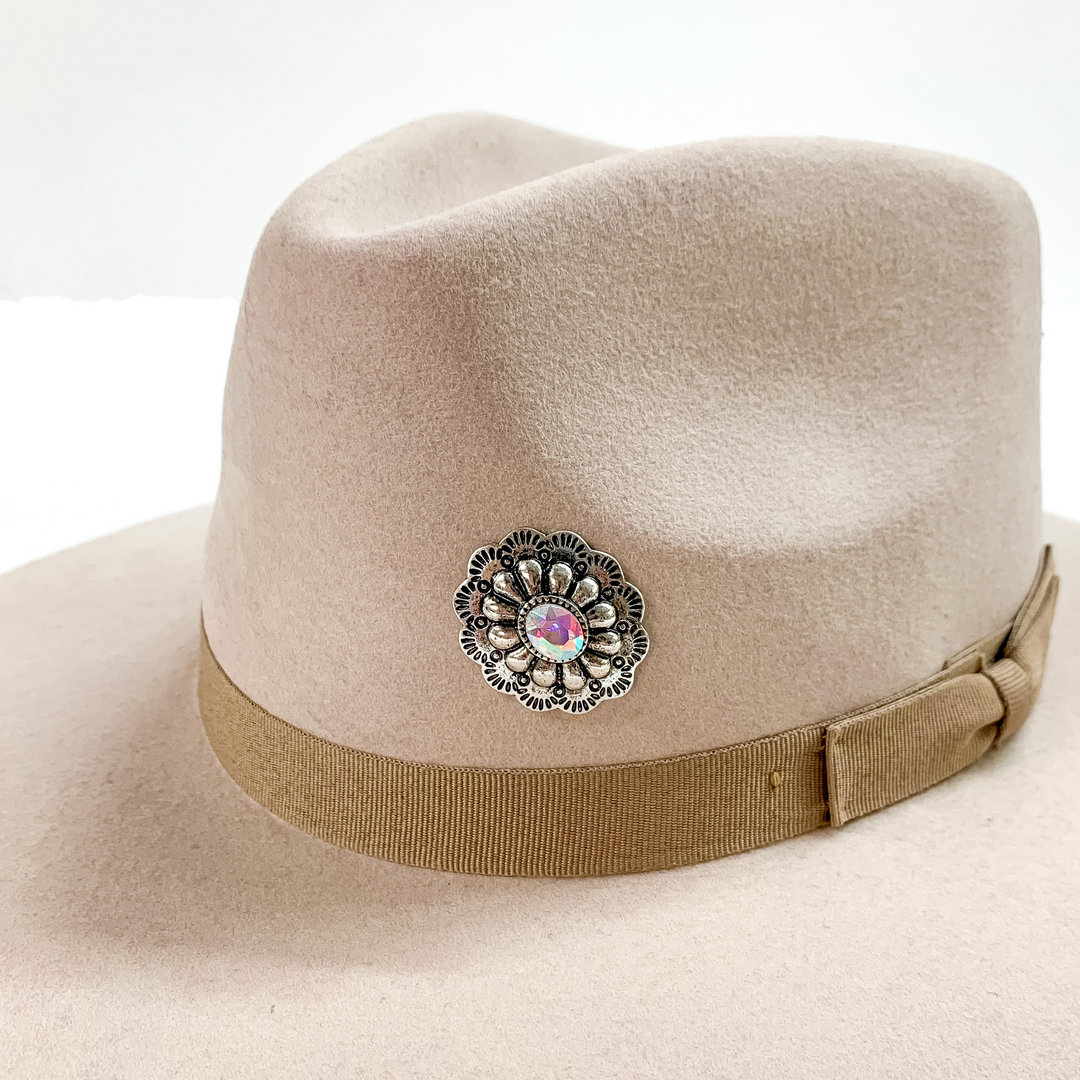 Oval Concho Hat Pin with Large Center AB Crystal in Silver Tone - Giddy Up Glamour Boutique
