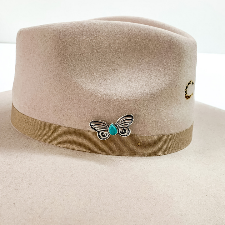 Butterfly Hat Pin with a Teardrop Turquoise Stone in Silver Tone - Giddy Up Glamour Boutique