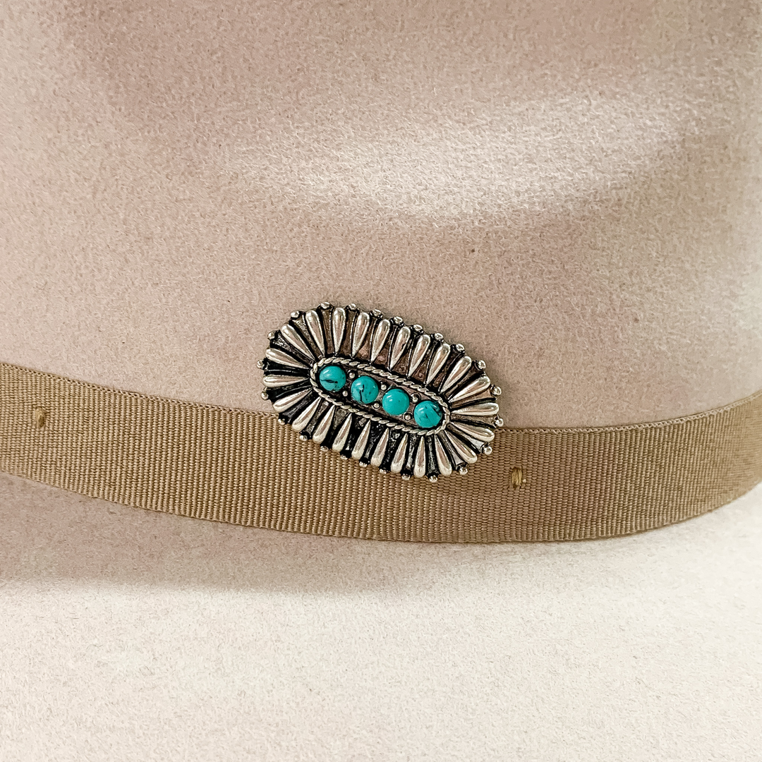 Oval Concho Hat Pin with Four Turquoise Stones in Silver Tone - Giddy Up Glamour Boutique