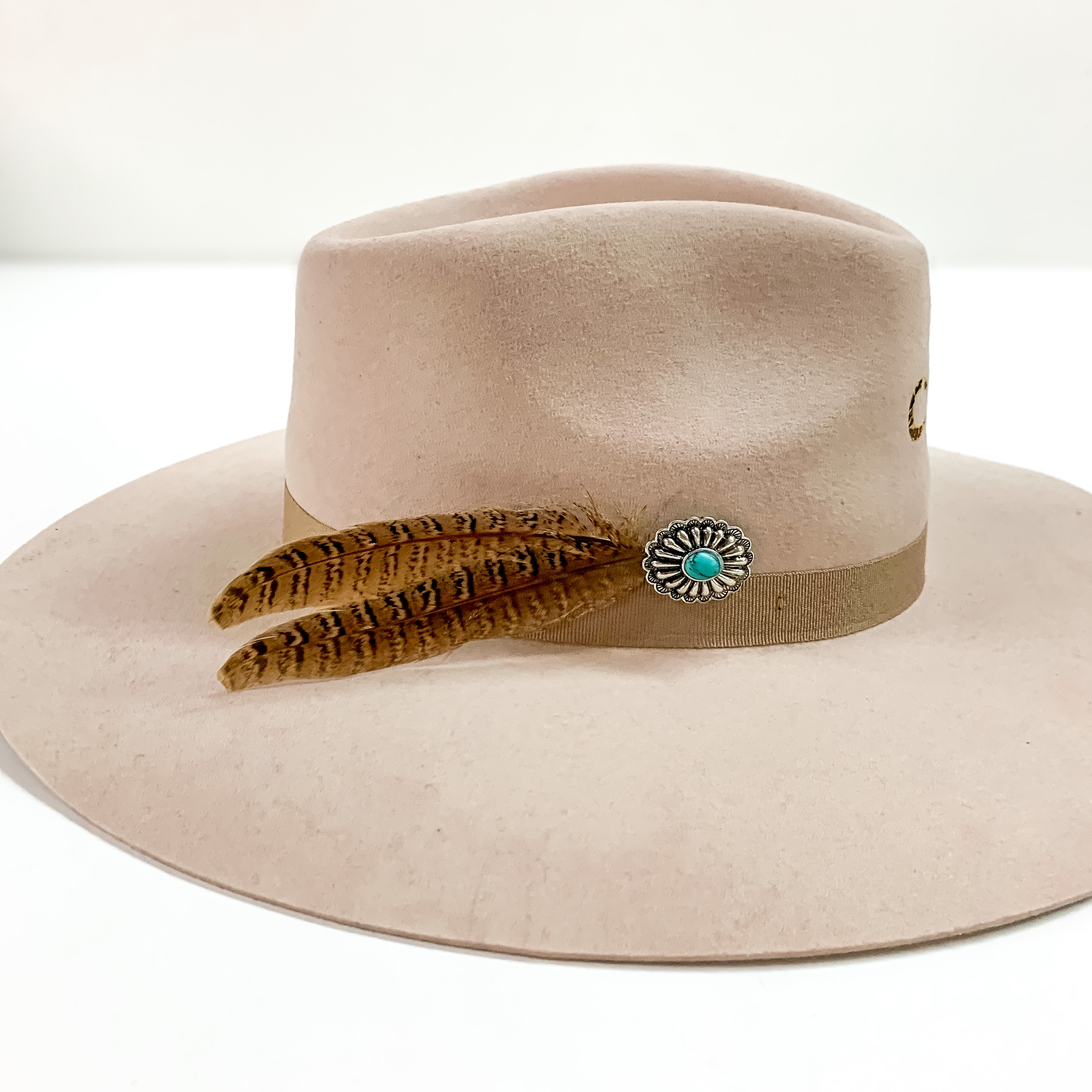 Silver Tone Oval Concho and Two Small Feathers Hat Pin with Turquoise Stone - Giddy Up Glamour Boutique