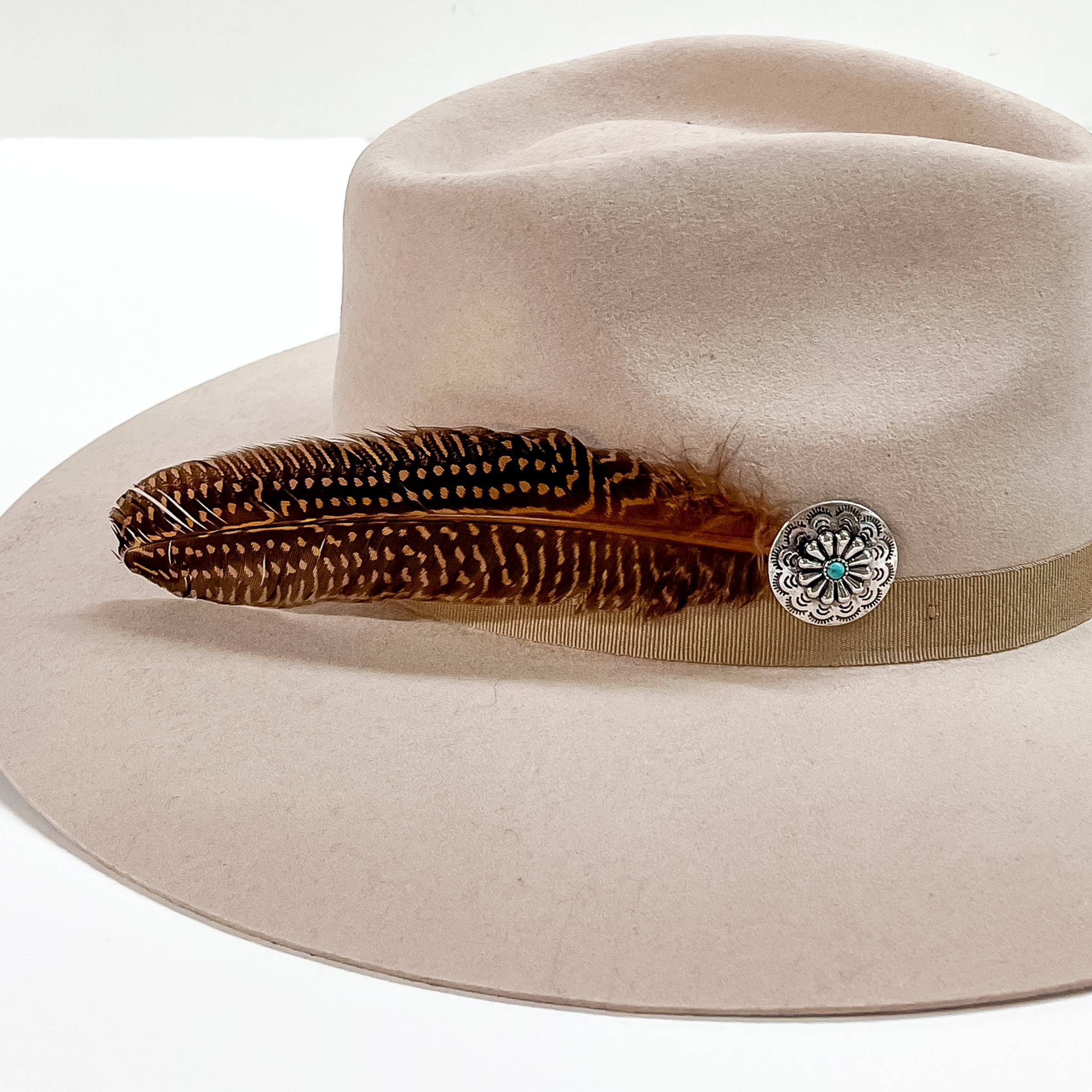 Circle Concho and Tan Dotted Feather Hat Pin in Silver Tone - Giddy Up Glamour Boutique