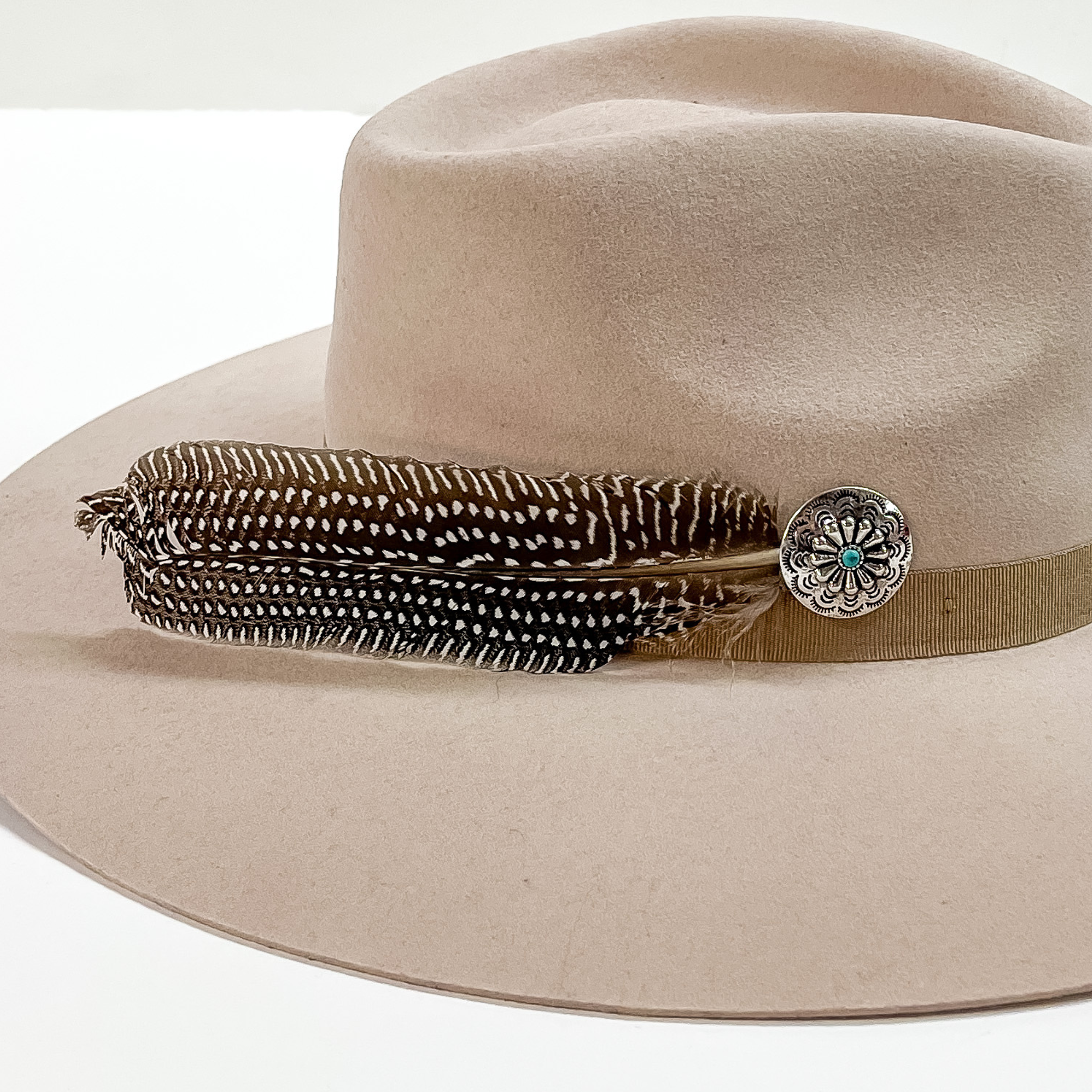 Circle Concho and White Dotted Feather Hat Pin in Silver Tone - Giddy Up Glamour Boutique