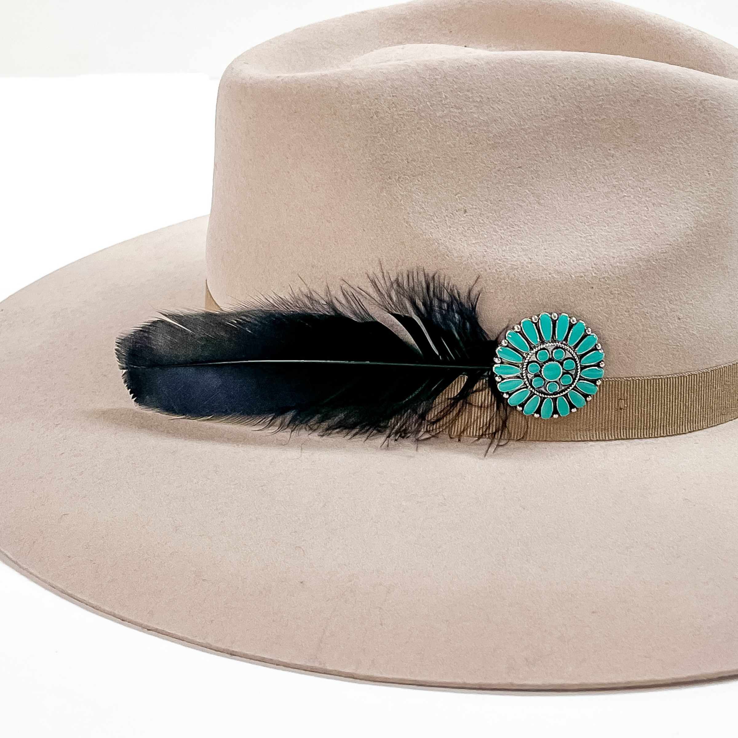 Turquoise Concho and Black Feather Hat Pin - Giddy Up Glamour Boutique