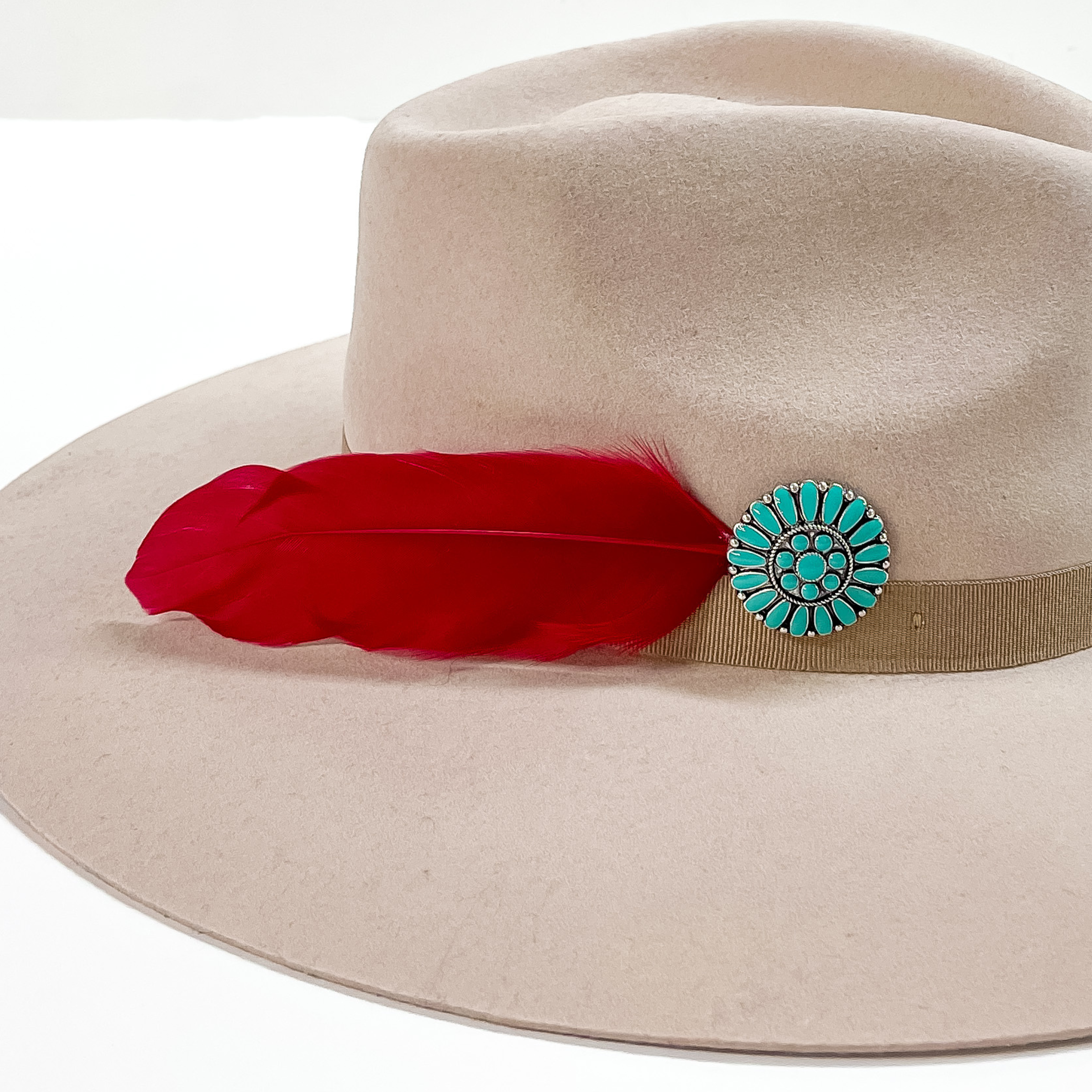 Turquoise Concho and Red Feather Hat Pin - Giddy Up Glamour Boutique