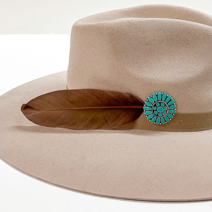 Turquoise Concho and Brown Feather Hat Pin - Giddy Up Glamour Boutique