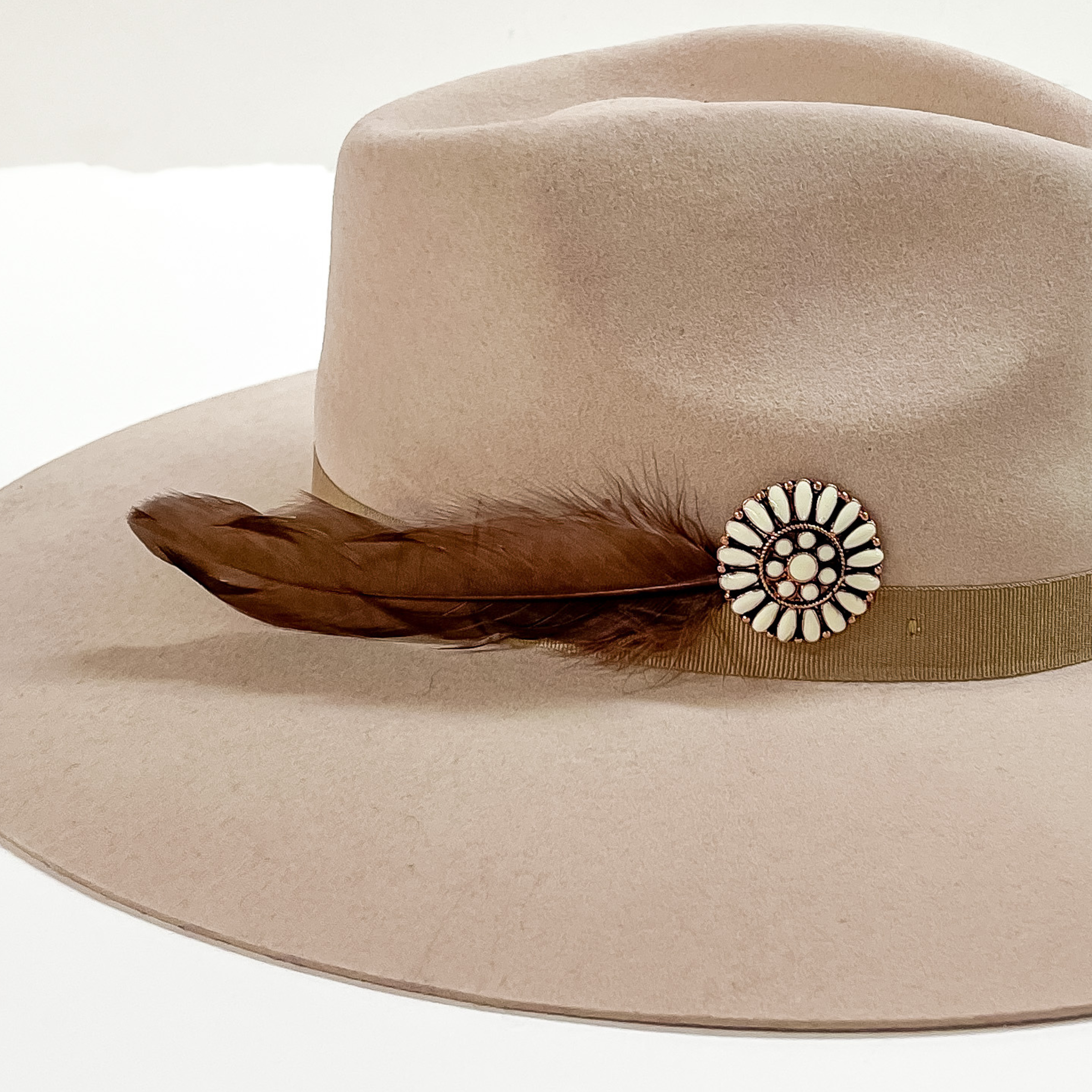 Ivory Concho and Brown Feather Hat Pin - Giddy Up Glamour Boutique