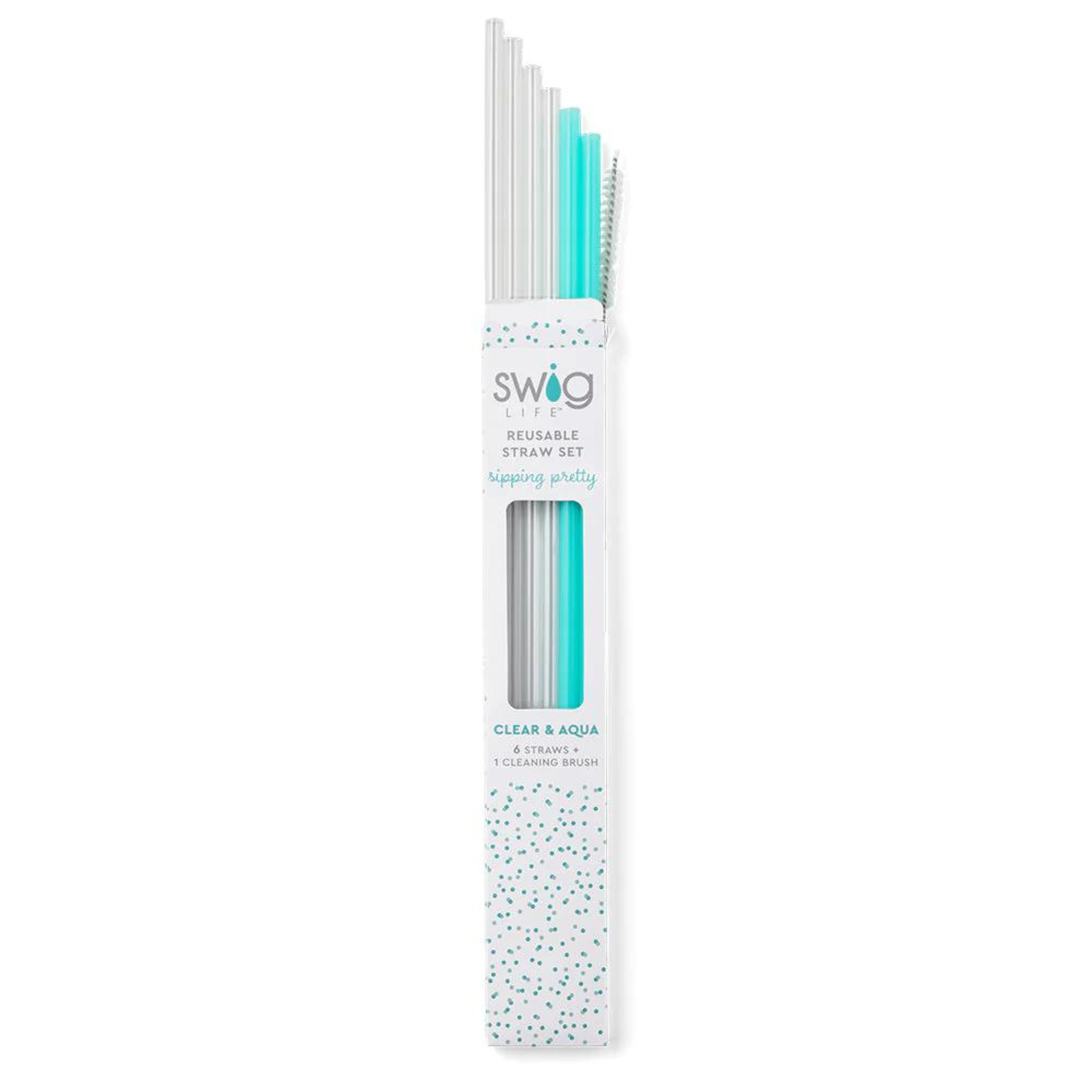 Pictured on a white background is a set of six straw and cleaning brush sticking out of a white swig box. 