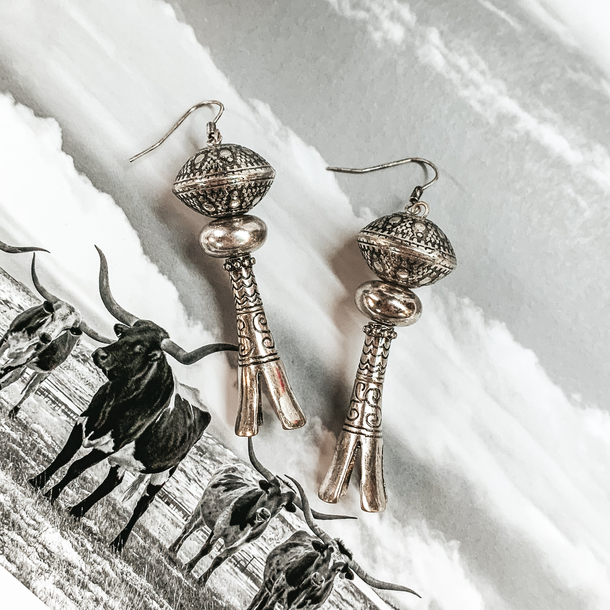 Silver Tone Squash Blossom Dangle Earrings with Engraving - Giddy Up Glamour Boutique