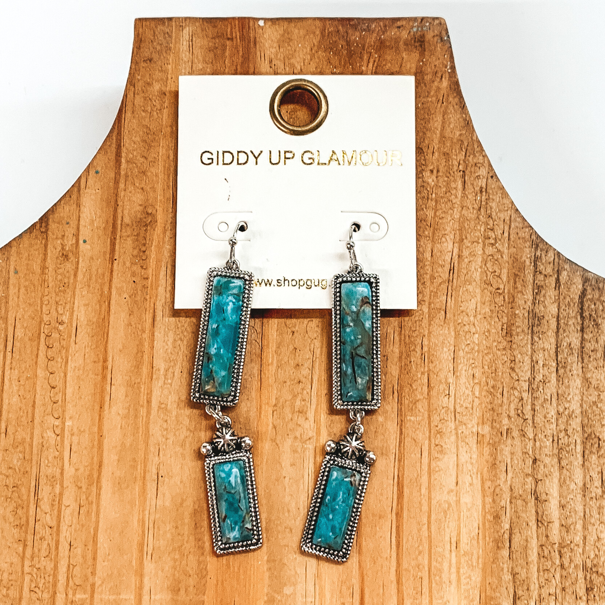 Two Rectangle Drop Earrings with Faux Turquoise Stones in Silver Tone - Giddy Up Glamour Boutique