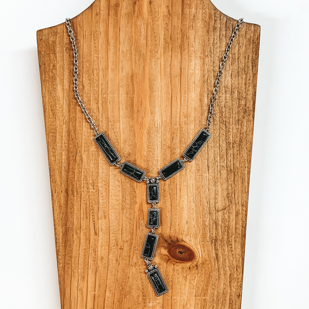 Silver Tone Lariat Necklace with Faux Black Stones - Giddy Up Glamour Boutique