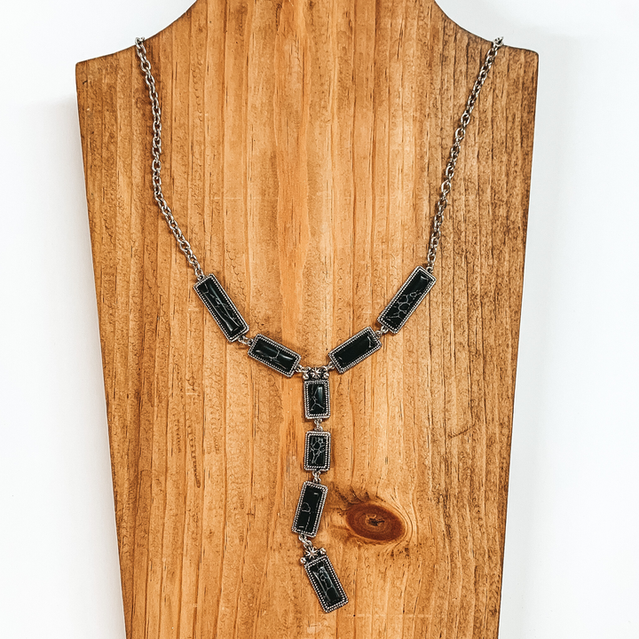 Silver Tone Lariat Necklace with Faux Black Stones - Giddy Up Glamour Boutique