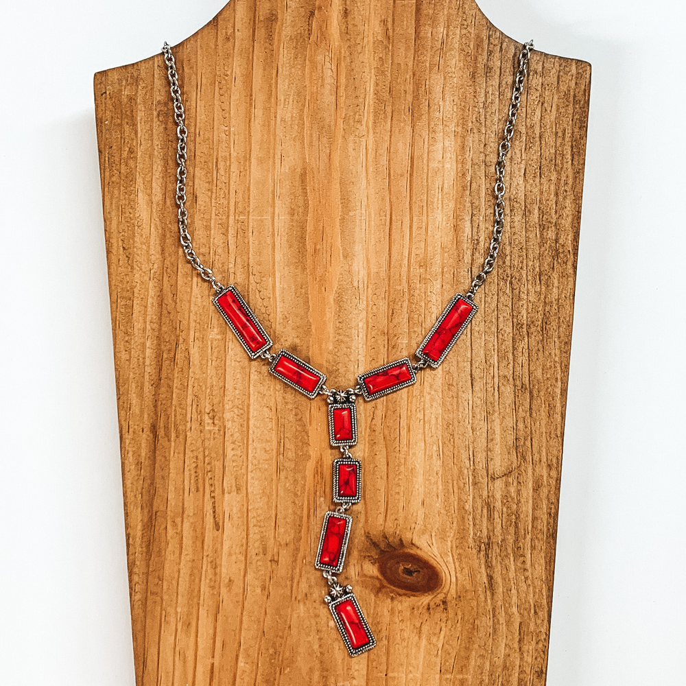 Silver Tone Lariat Necklace with Faux Red Stones - Giddy Up Glamour Boutique