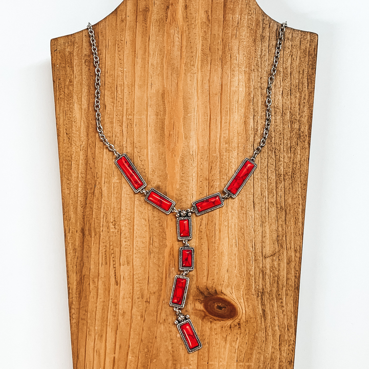 Silver Tone Lariat Necklace with Faux Red Stones - Giddy Up Glamour Boutique