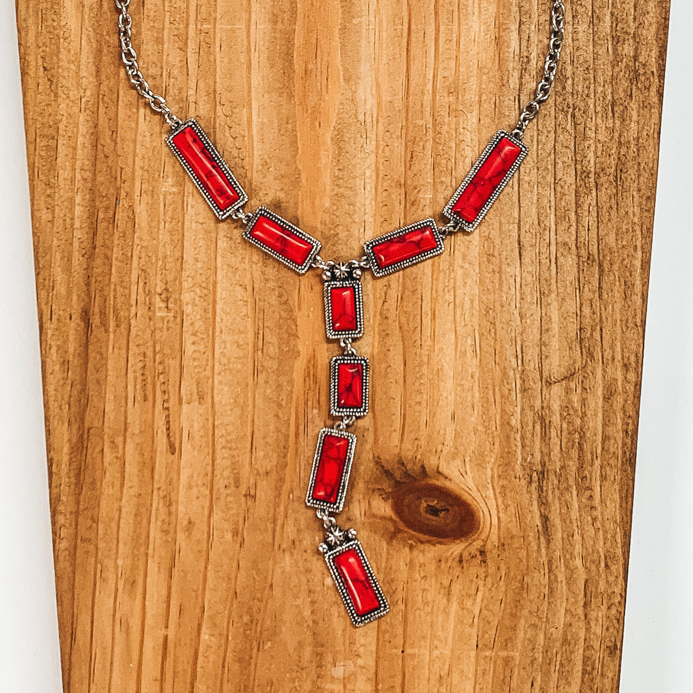 Silver Tone Lariat Necklace with Faux Red Stones - Giddy Up Glamour Boutique