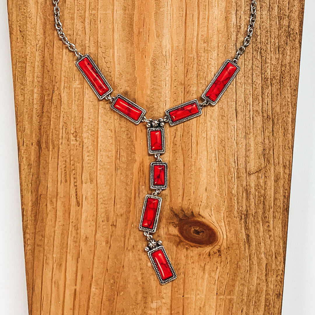 Silver Tone Lariat Necklace with Faux Red Stones - Giddy Up Glamour Boutique