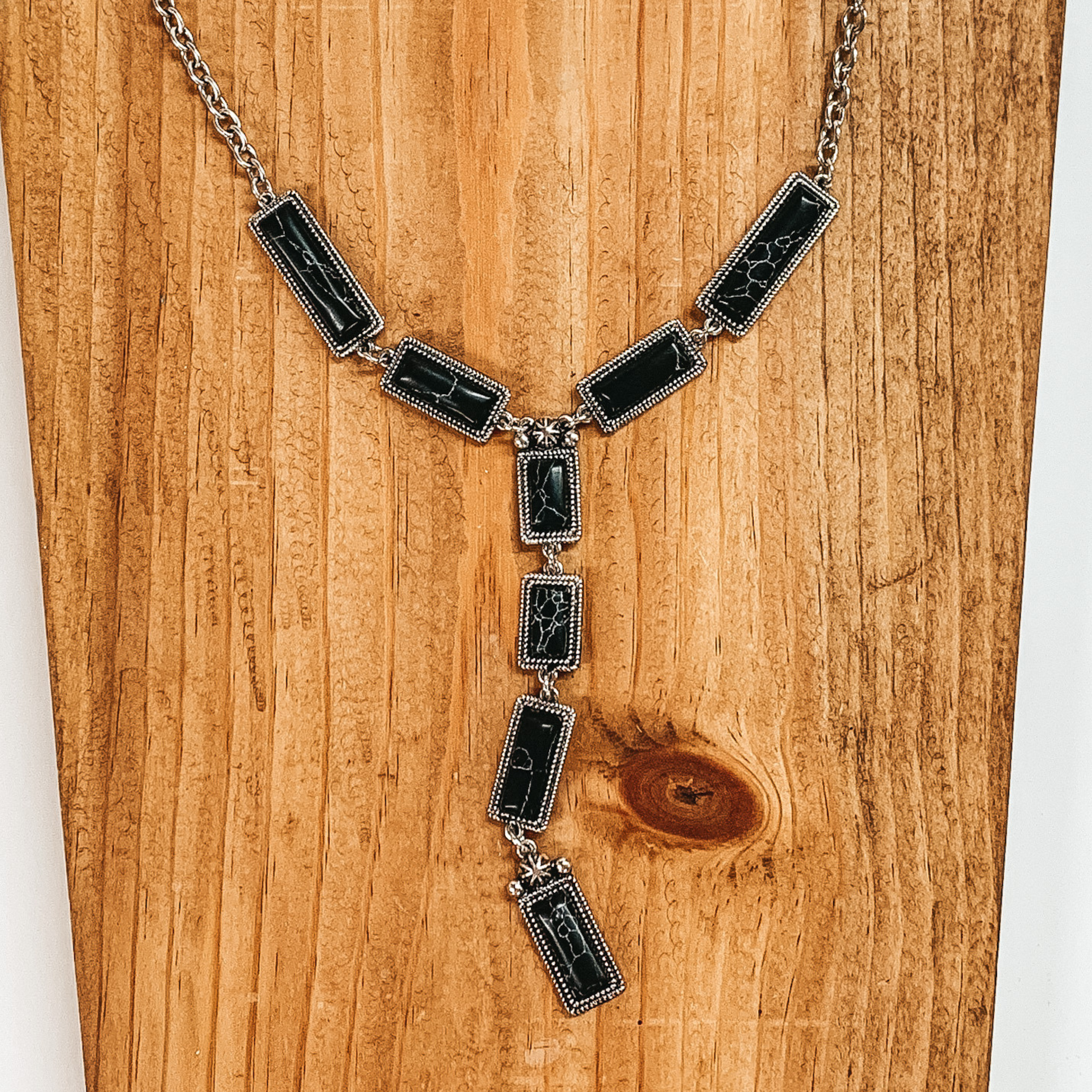 Silver Tone Lariat Necklace with Faux Black Stones - Giddy Up Glamour Boutique
