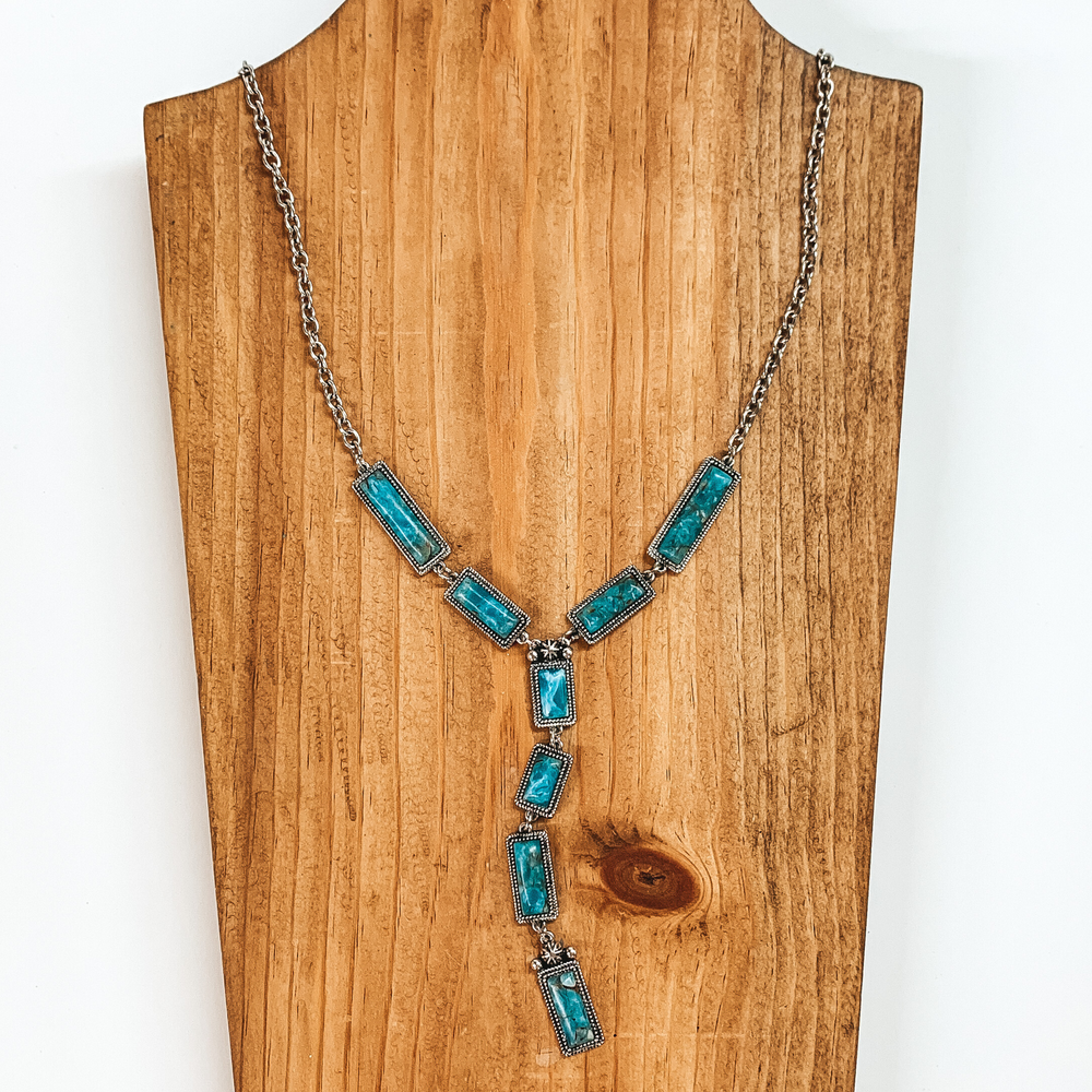 Silver Tone Lariat Necklace with Faux Turquoise Stones - Giddy Up Glamour Boutique