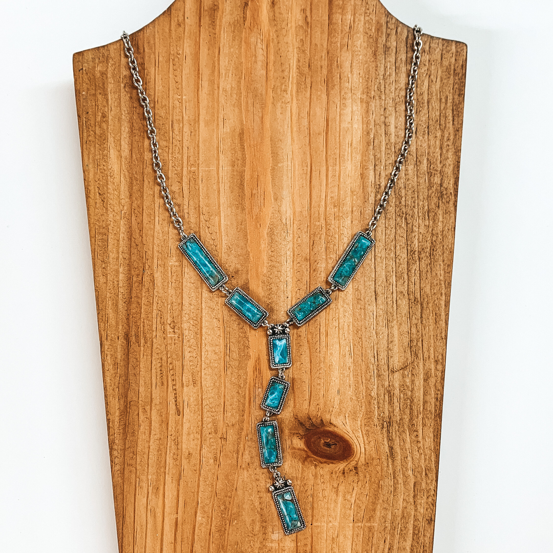 Silver Tone Lariat Necklace with Faux Turquoise Stones - Giddy Up Glamour Boutique