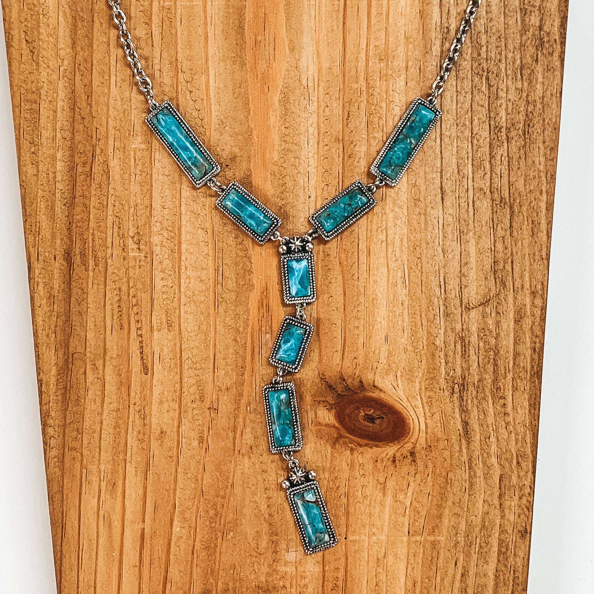 Silver Tone Lariat Necklace with Faux Turquoise Stones - Giddy Up Glamour Boutique