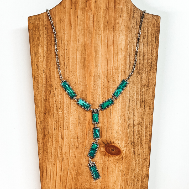 Silver Tone Lariat Necklace with Faux Green Stones - Giddy Up Glamour Boutique