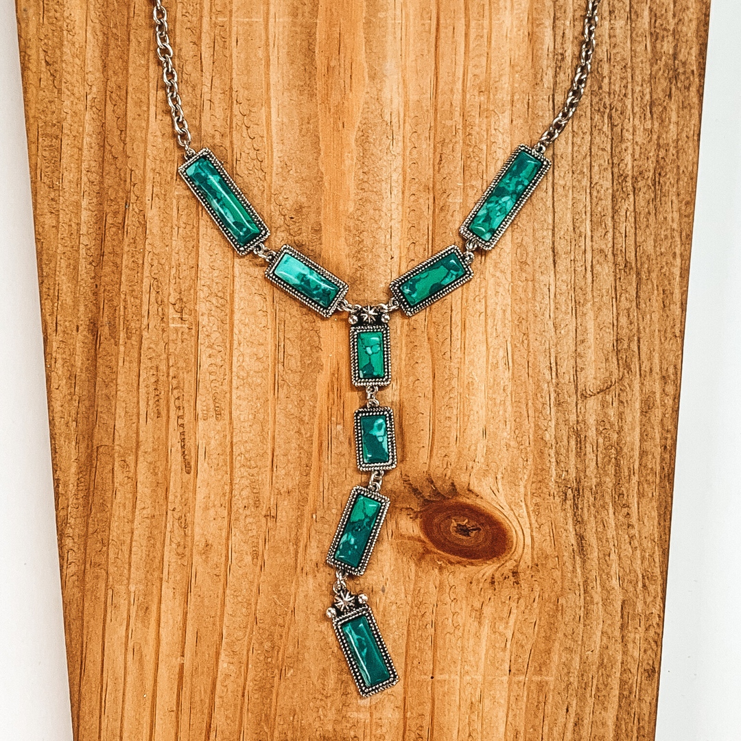 Silver Tone Lariat Necklace with Faux Green Stones - Giddy Up Glamour Boutique