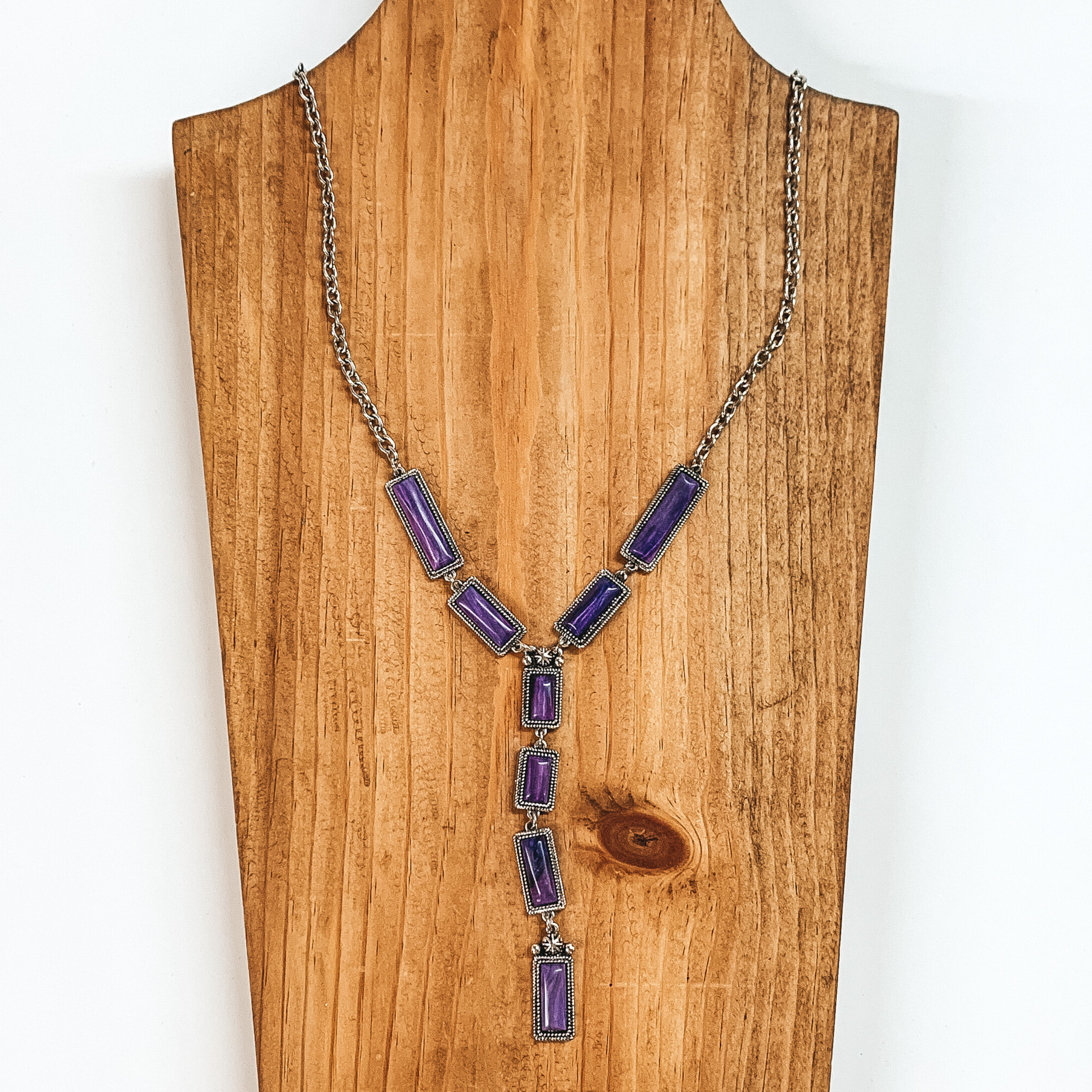 Silver Tone Lariat Necklace with Faux Purple Stones