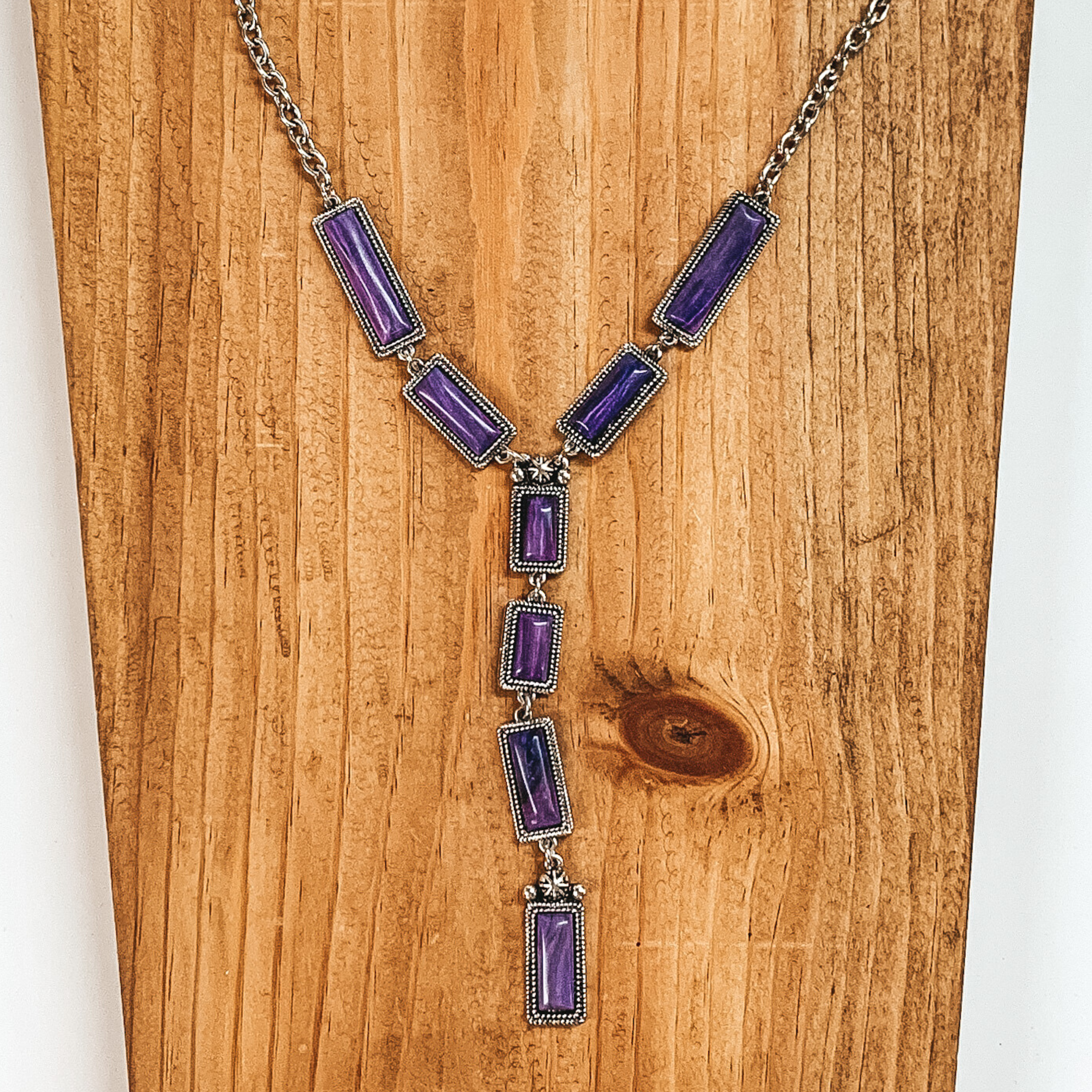Silver Tone Lariat Necklace with Faux Purple Stones - Giddy Up Glamour Boutique