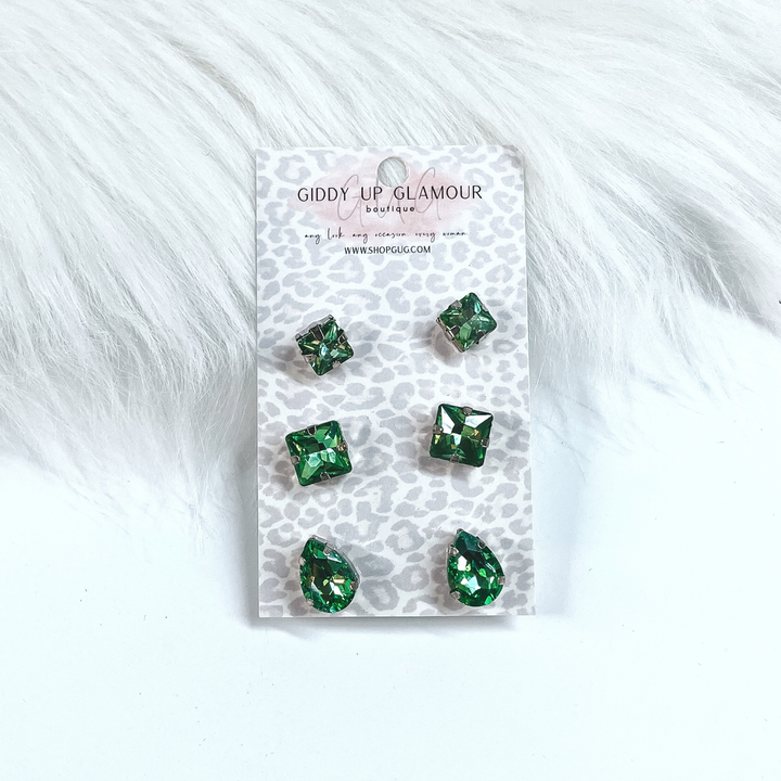 Buy 3 for $10 | Set of Three | Faux Crystal Stud Earrings in Silver Tone Setting - Giddy Up Glamour Boutique