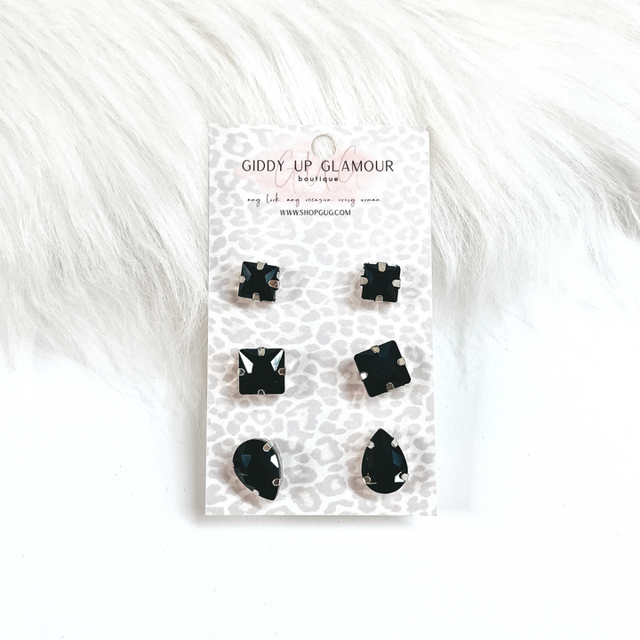 Buy 3 for $10 | Set of Three | Faux Crystal Stud Earrings in Silver Tone Setting - Giddy Up Glamour Boutique