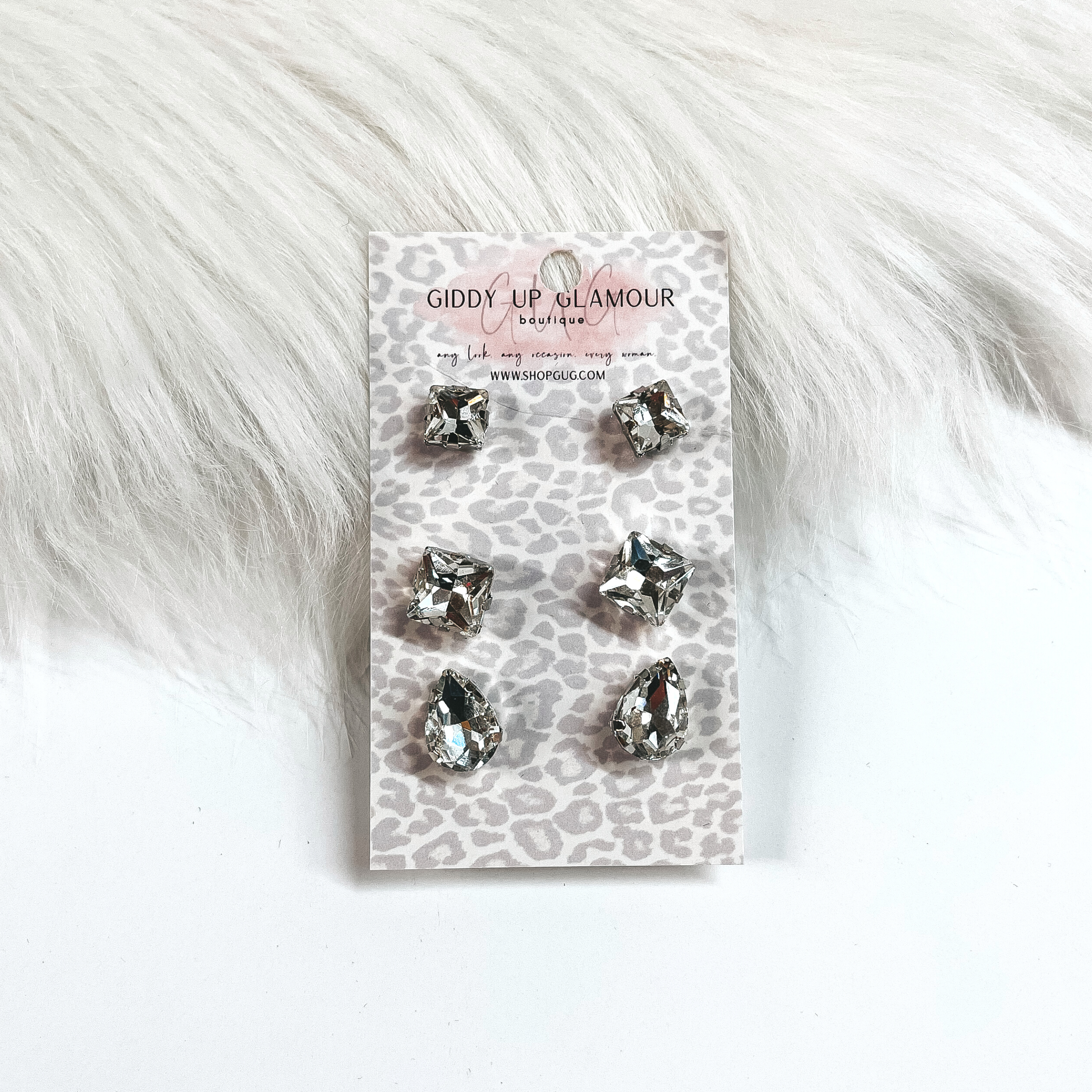 Buy 3 for $10 | Set of Three | Faux Crystal Stud Earrings in Silver Tone Setting - Giddy Up Glamour Boutique