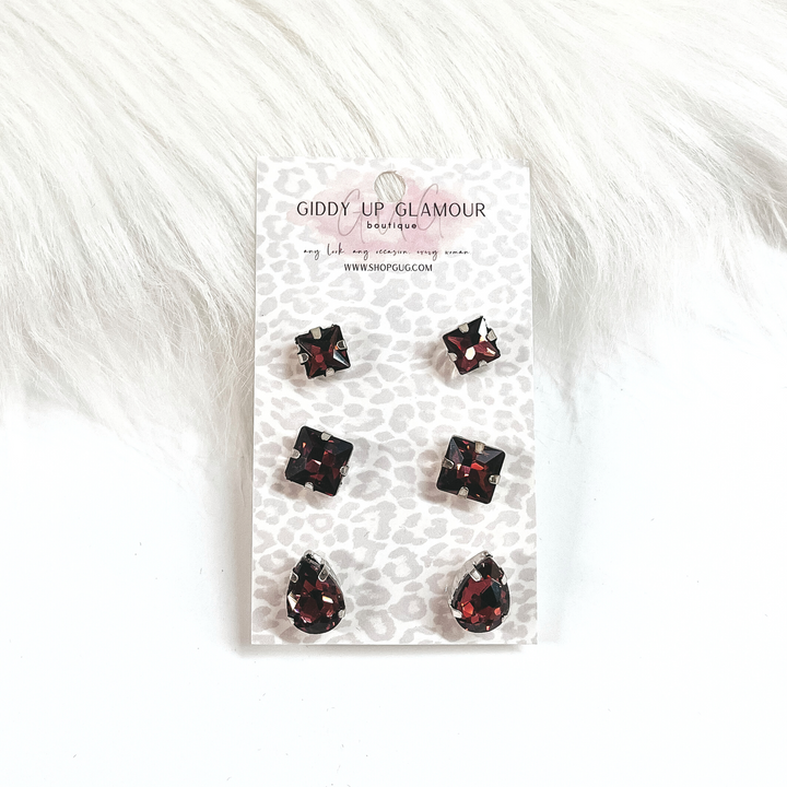 Buy 3 for $10 | Set of Three | Faux Crystal Stud Earrings in Silver Tone Setting - Giddy Up Glamour Boutique