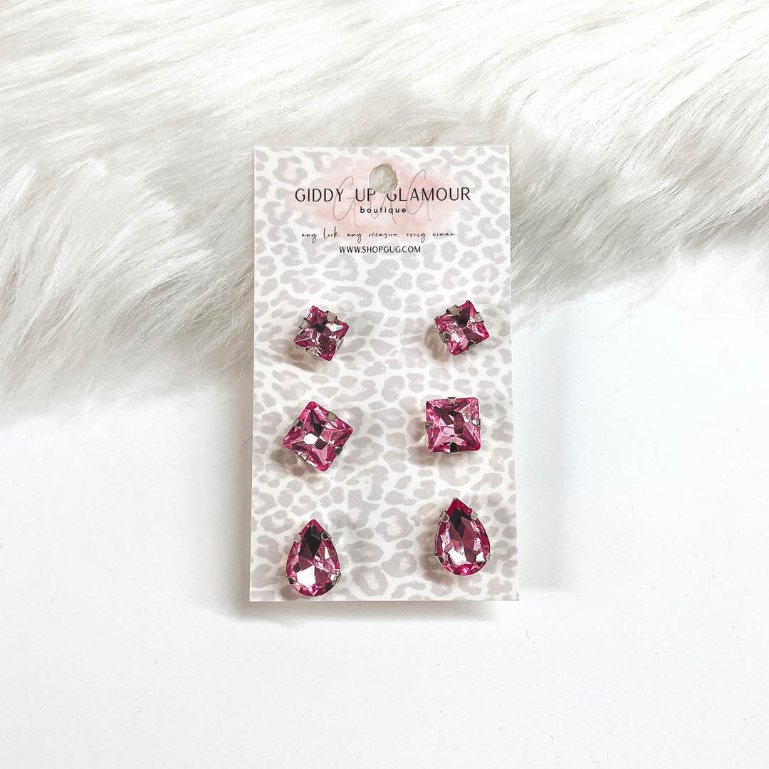 Buy 3 for $10 | Set of Three | Faux Crystal Stud Earrings in Silver Tone Setting - Giddy Up Glamour Boutique