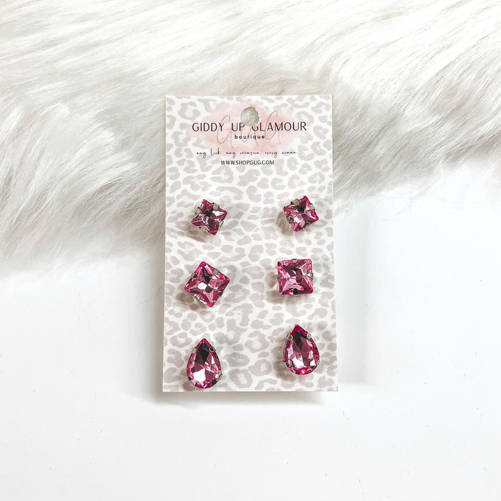 Buy 3 for $10 | Set of Three | Faux Crystal Stud Earrings in Silver Tone Setting - Giddy Up Glamour Boutique