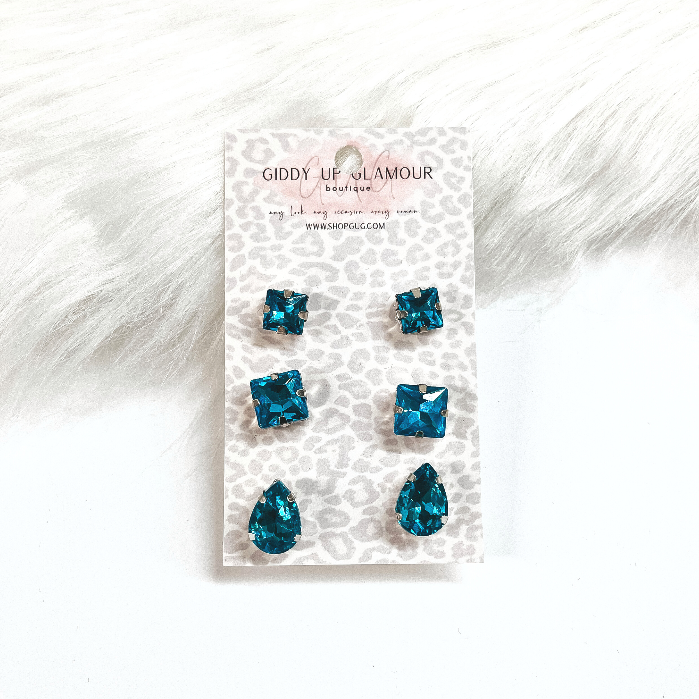 Buy 3 for $10 | Set of Three | Faux Crystal Stud Earrings in Silver Tone Setting - Giddy Up Glamour Boutique