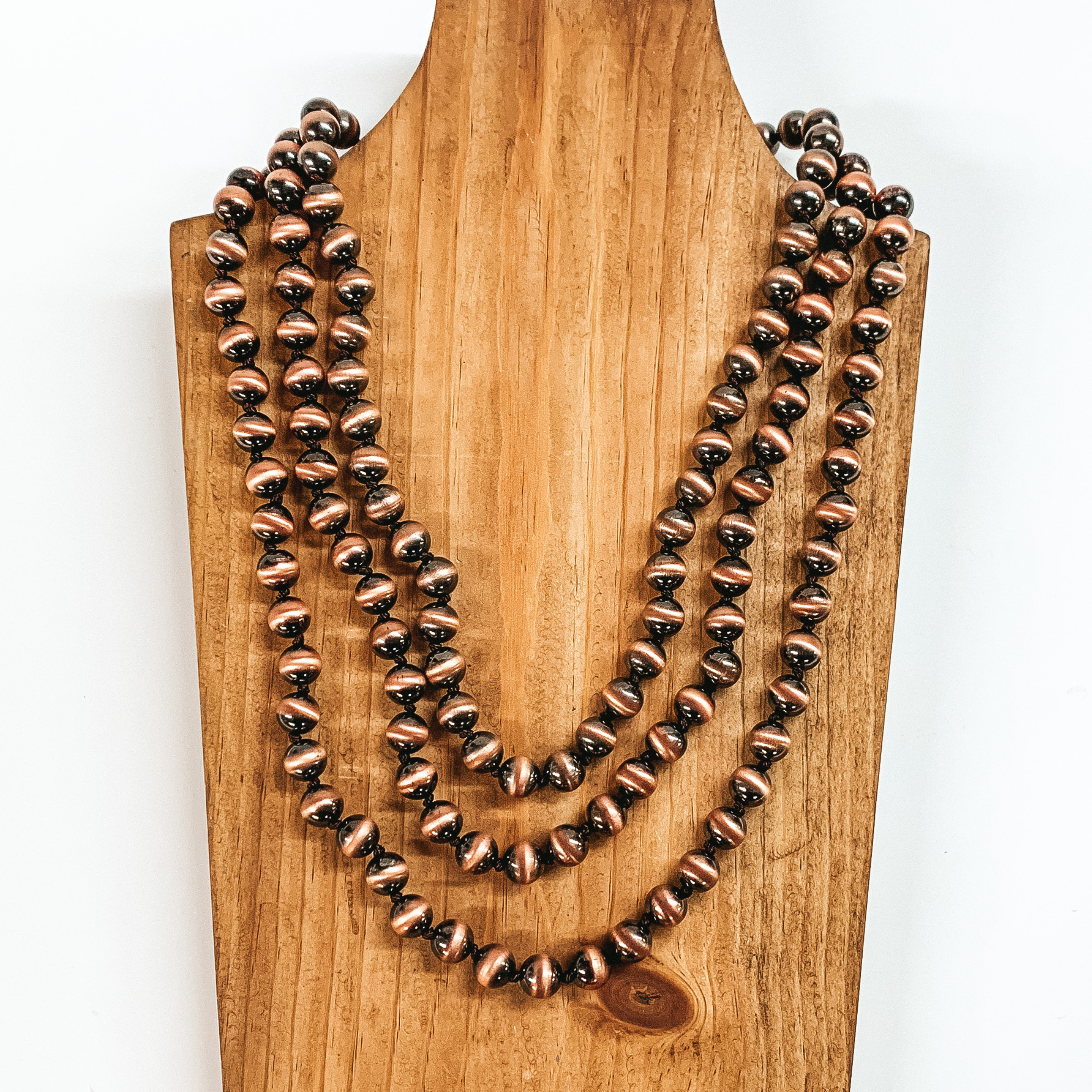 Three Strand Faux Navajo Pearl 12mm Necklace in Copper Tone - Giddy Up Glamour Boutique