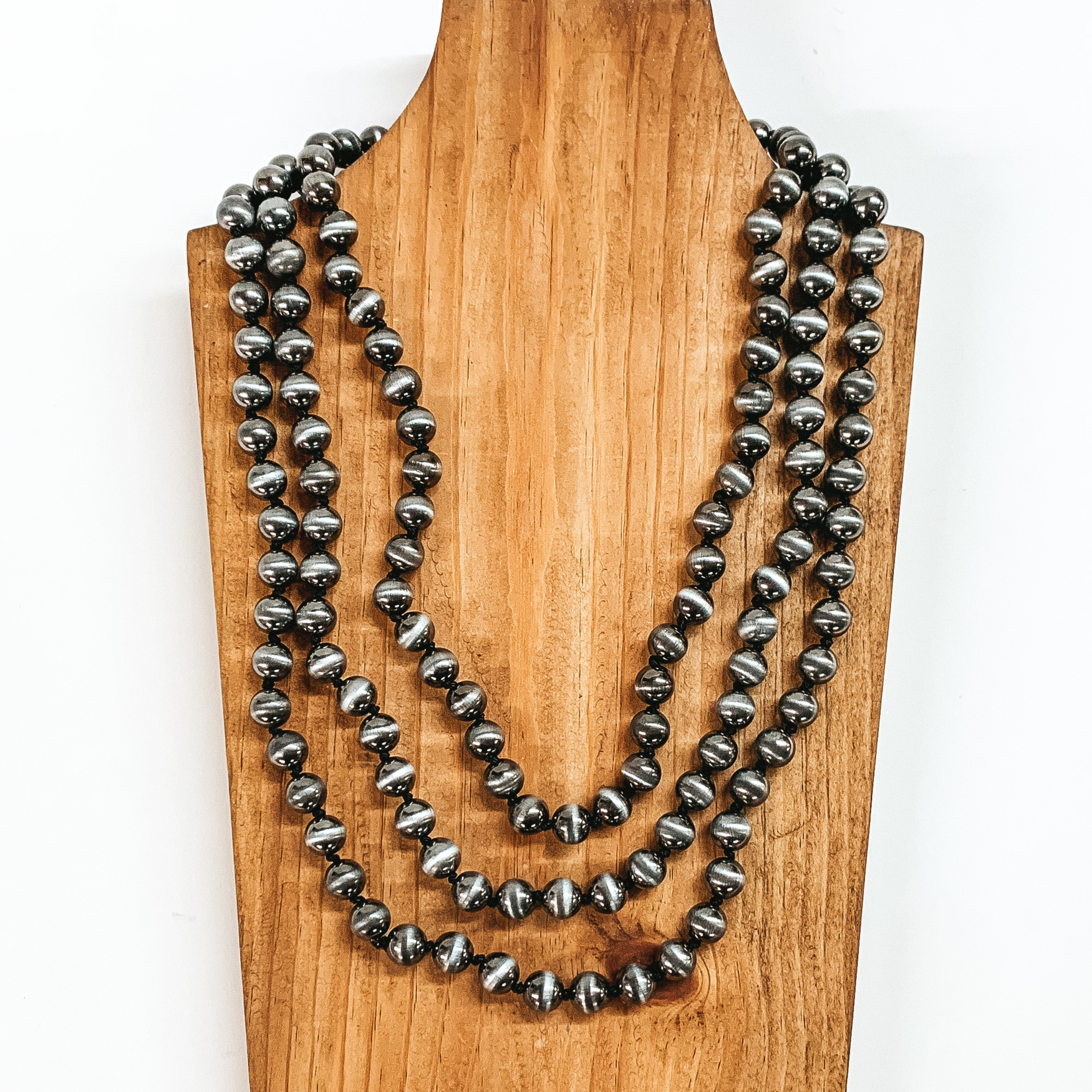 Three Strand Faux Navajo Pearl 12mm Necklace in Silver Tone - Giddy Up Glamour Boutique