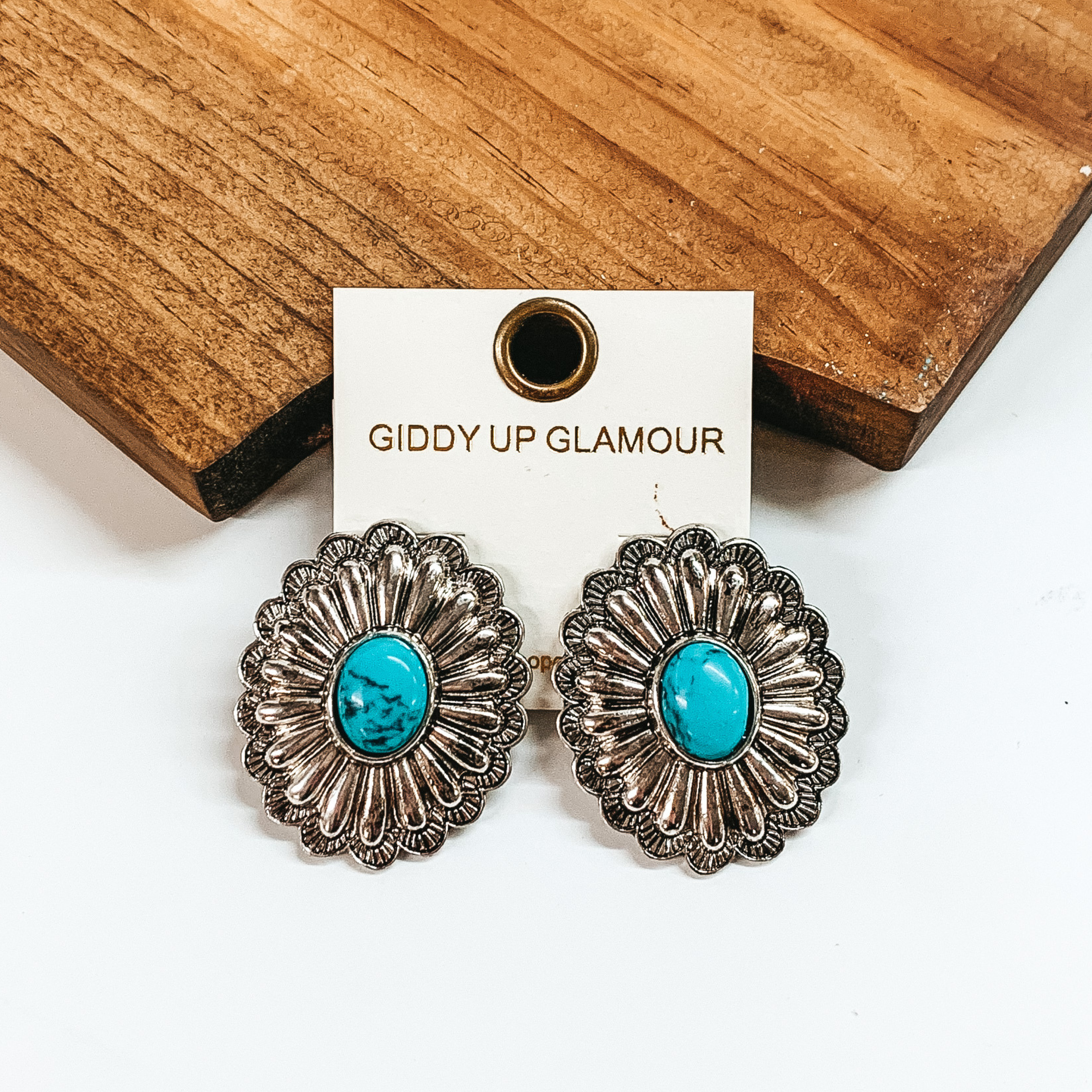 Silver Tone Concho Earrings with Faux Center Stone in Turquoise - Giddy Up Glamour Boutique