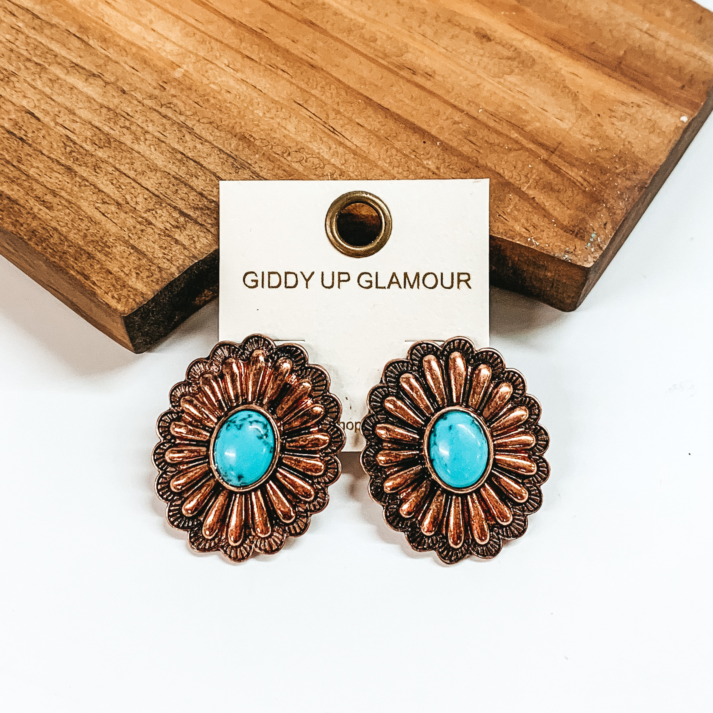 Copper Tone Concho Earrings with Faux Center Stone in Turquoise - Giddy Up Glamour Boutique