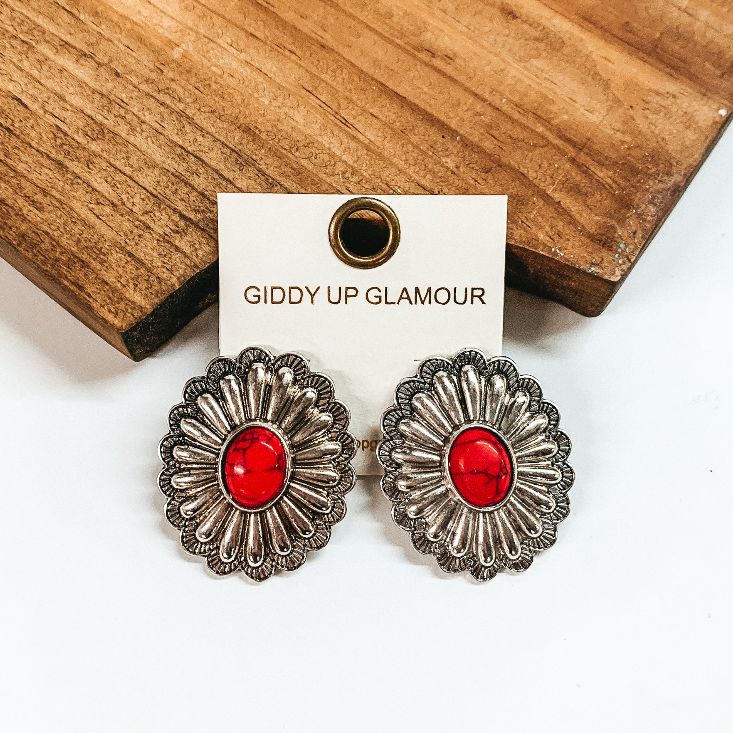 Silver Tone Concho Earrings with Faux Center Stone in Red - Giddy Up Glamour Boutique
