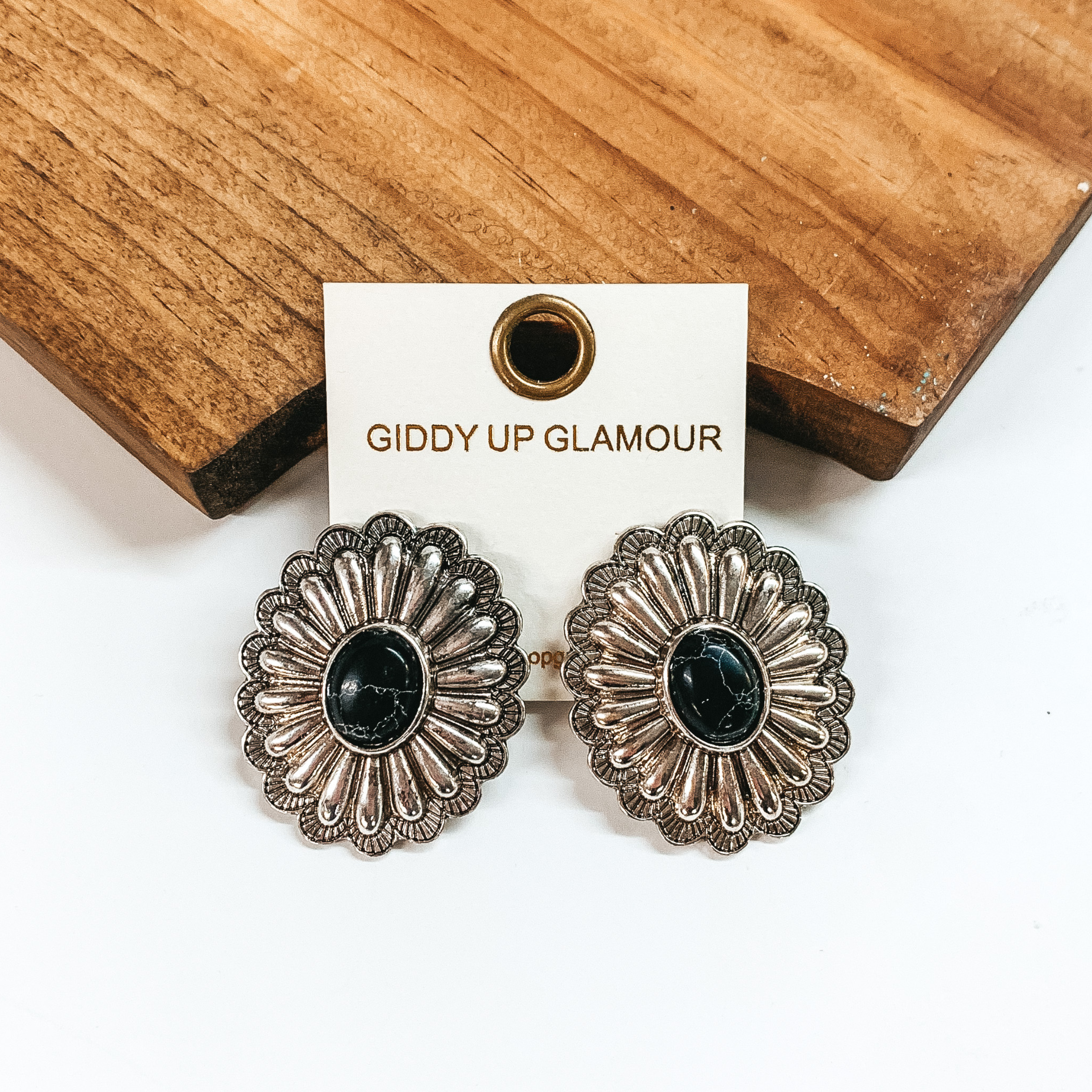 Silver Tone Concho Earrings with Faux Center Stone in Black - Giddy Up Glamour Boutique
