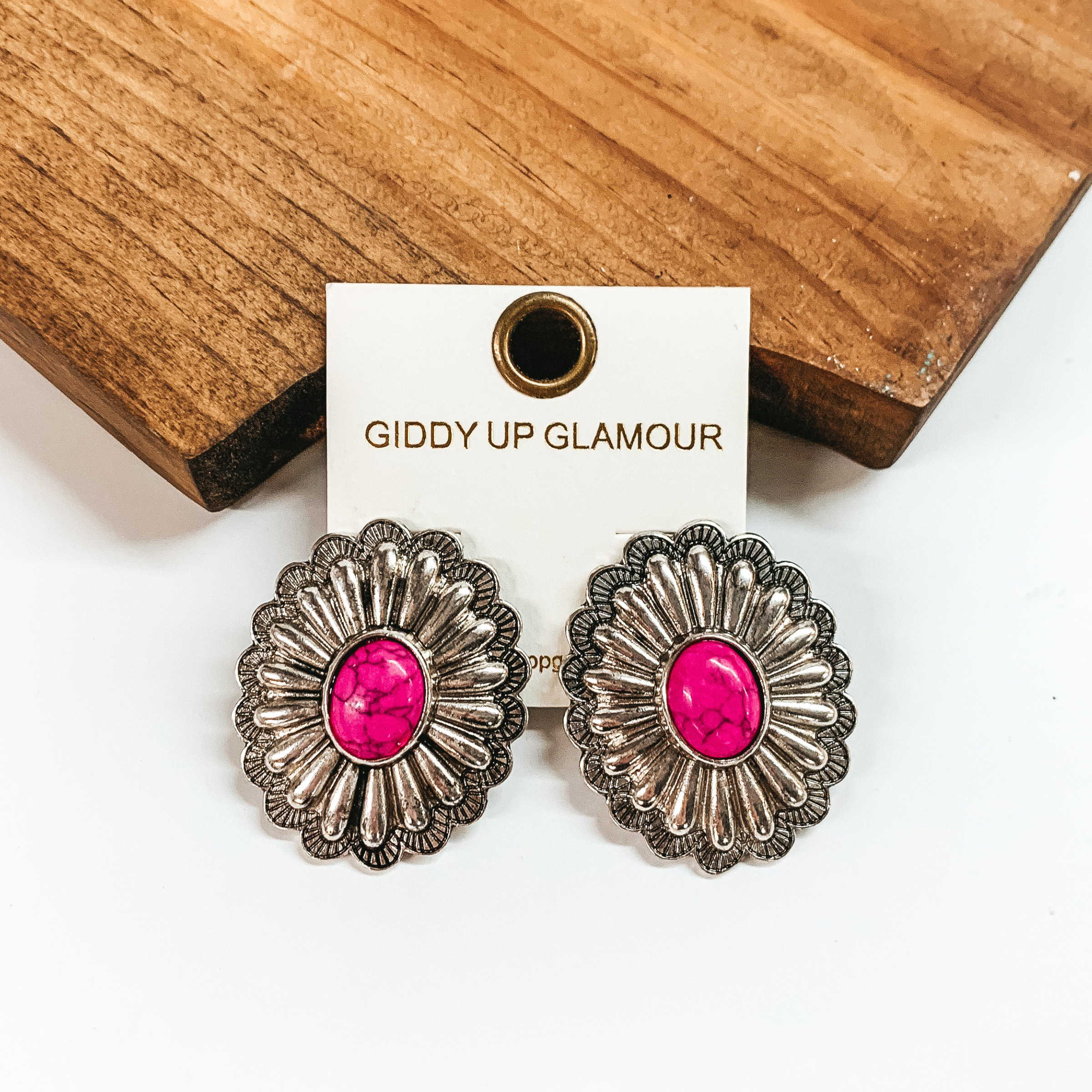Silver Tone Concho Earrings with Faux Center Stone in Fuchsia Pink - Giddy Up Glamour Boutique
