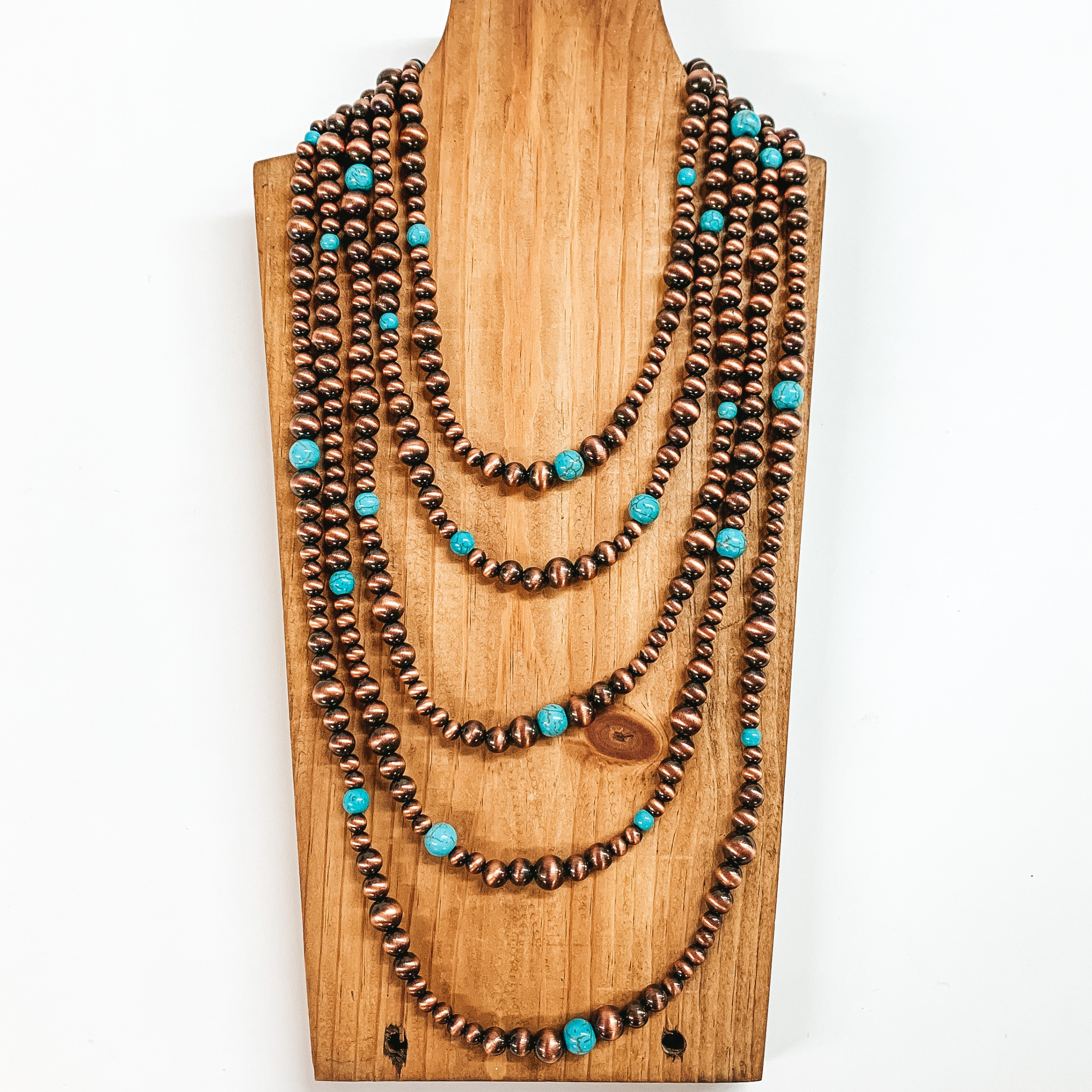 Five Strand Beaded Necklace with Turquoise Spacers in Copper Tone - Giddy Up Glamour Boutique