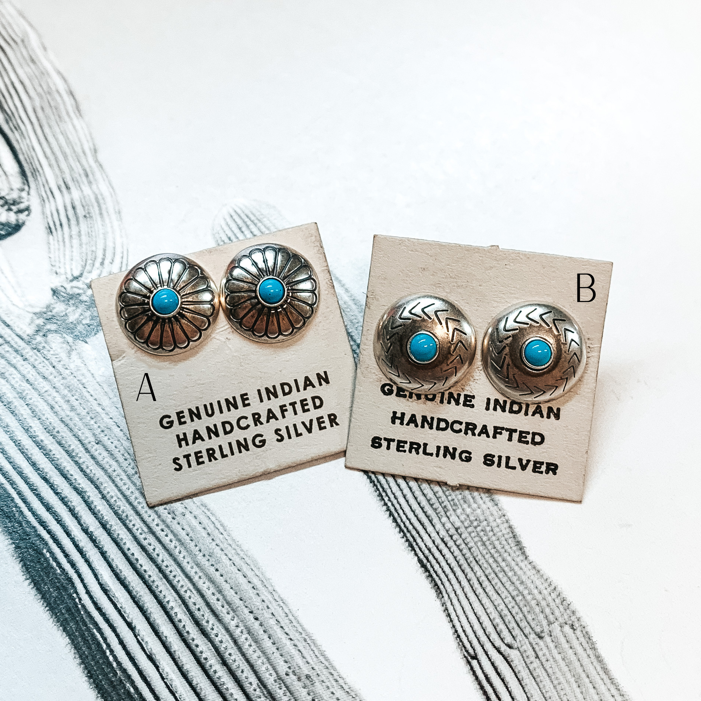 Linda Yazzie  |  Navajo Handmade Small Sterling Silver Engraved Concho Earrings with Kingman Turquoise Stones