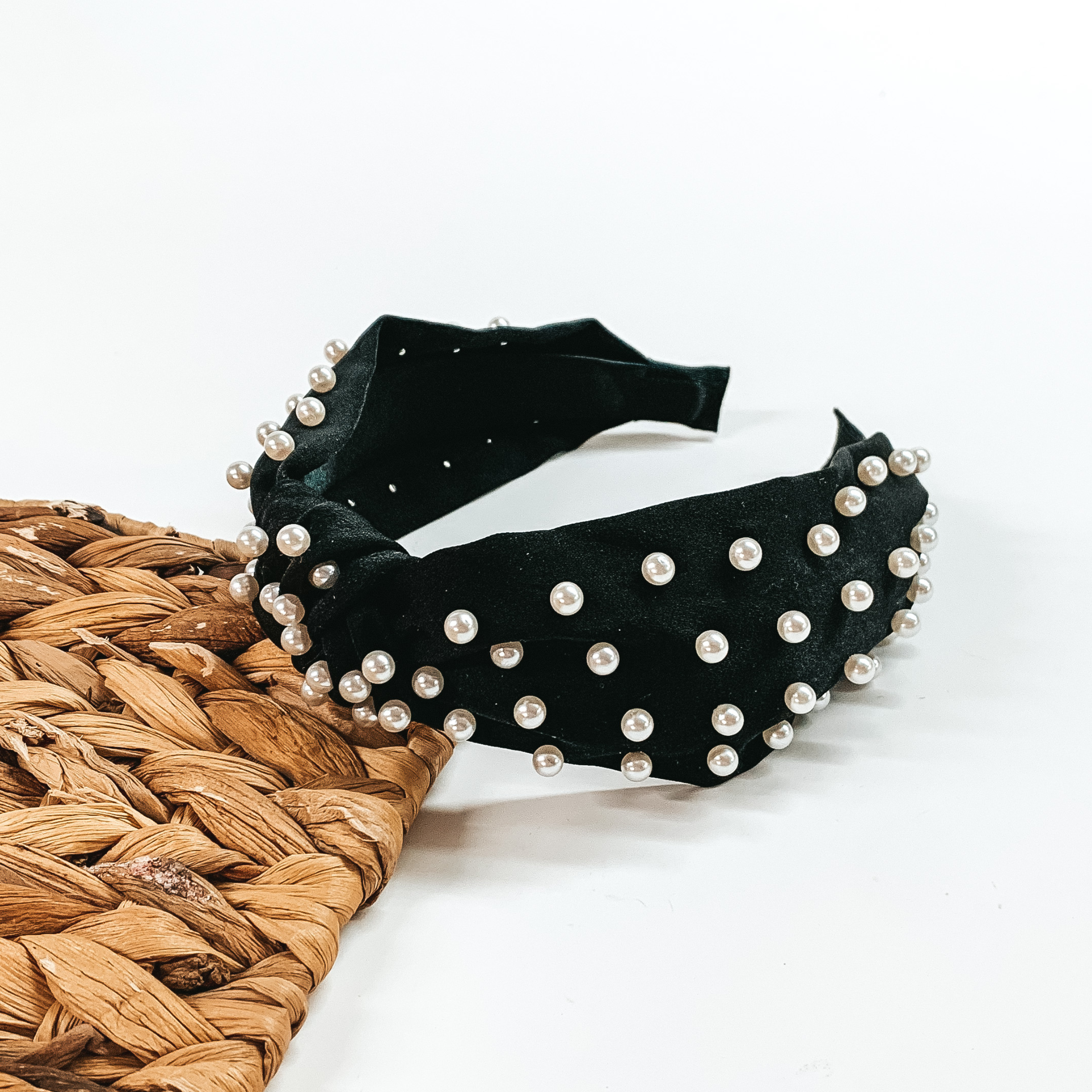Pearl Detailed Knot Headband in Black - Giddy Up Glamour Boutique