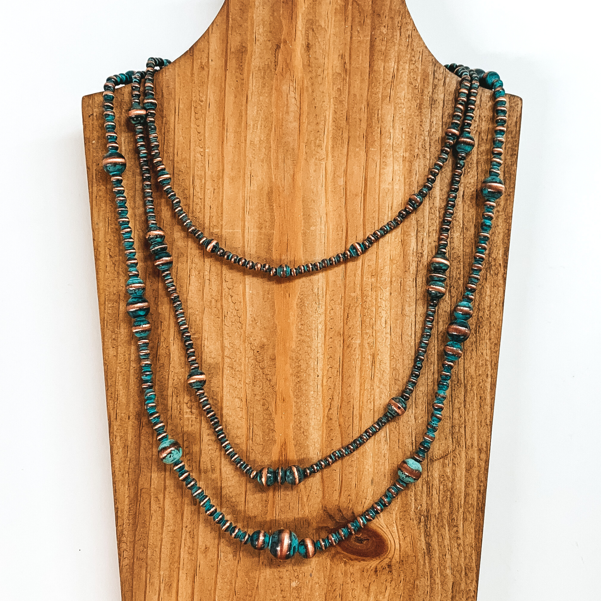 Three Strand Necklace of Faux Navajo Pearls with Graduated Pearls in Patina Tone - Giddy Up Glamour Boutique